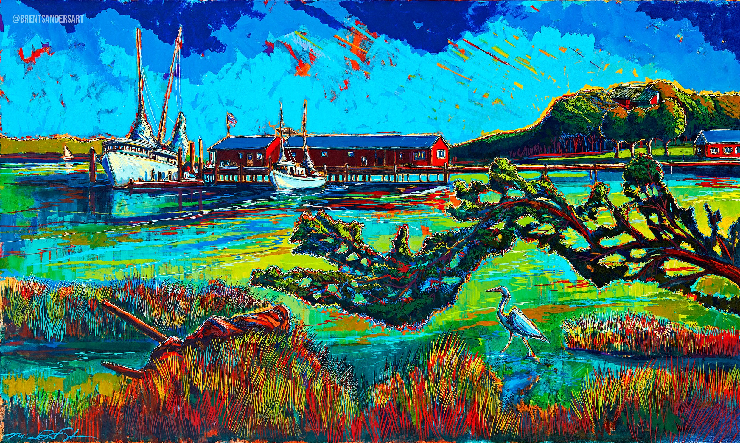 Colorful landscape with boats, buildings, a tree, and a bird near water and grassy area.