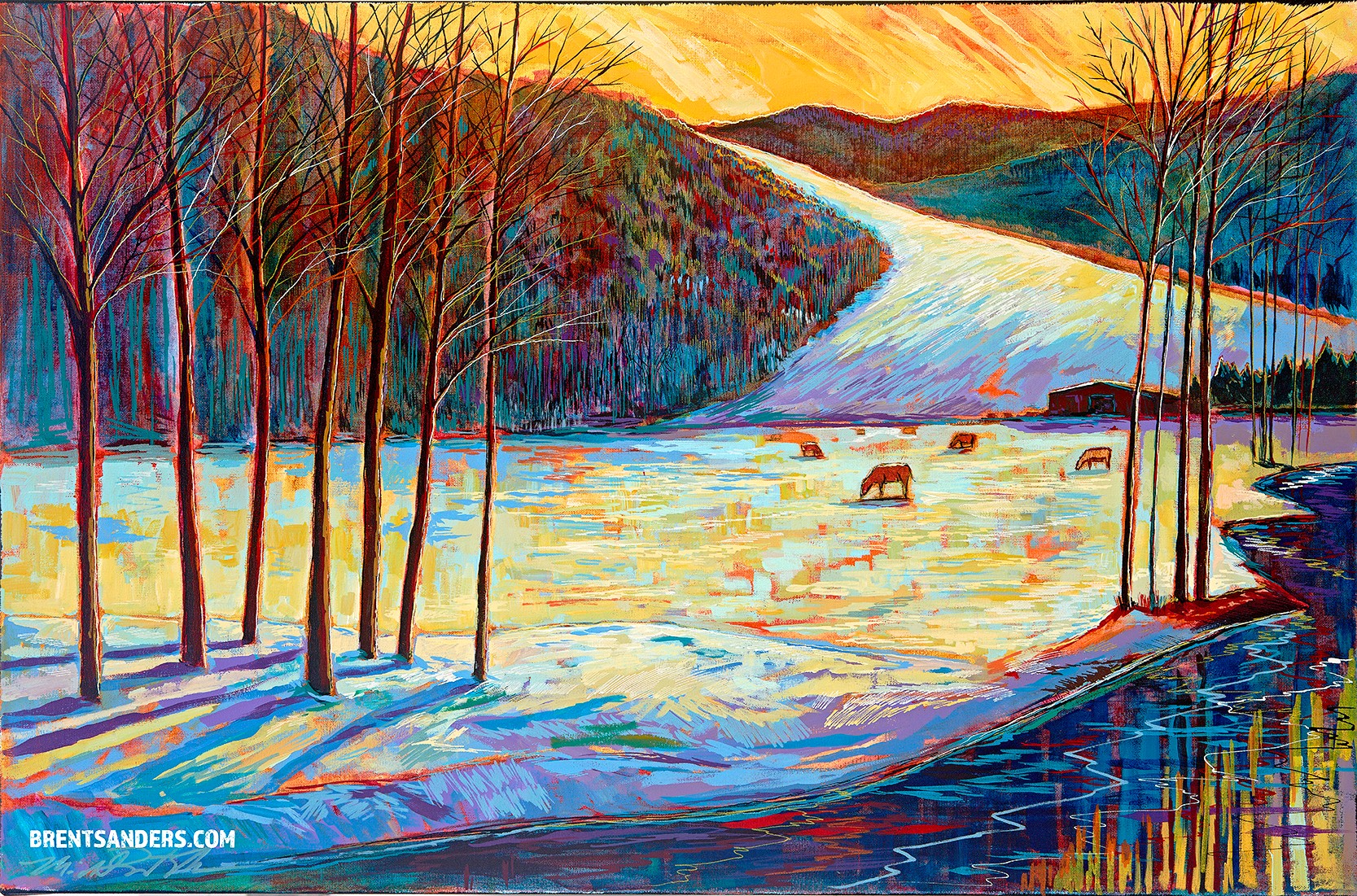 Colorful landscape painting of a river with trees, hills, and a sunset sky, featuring reflections on the water.