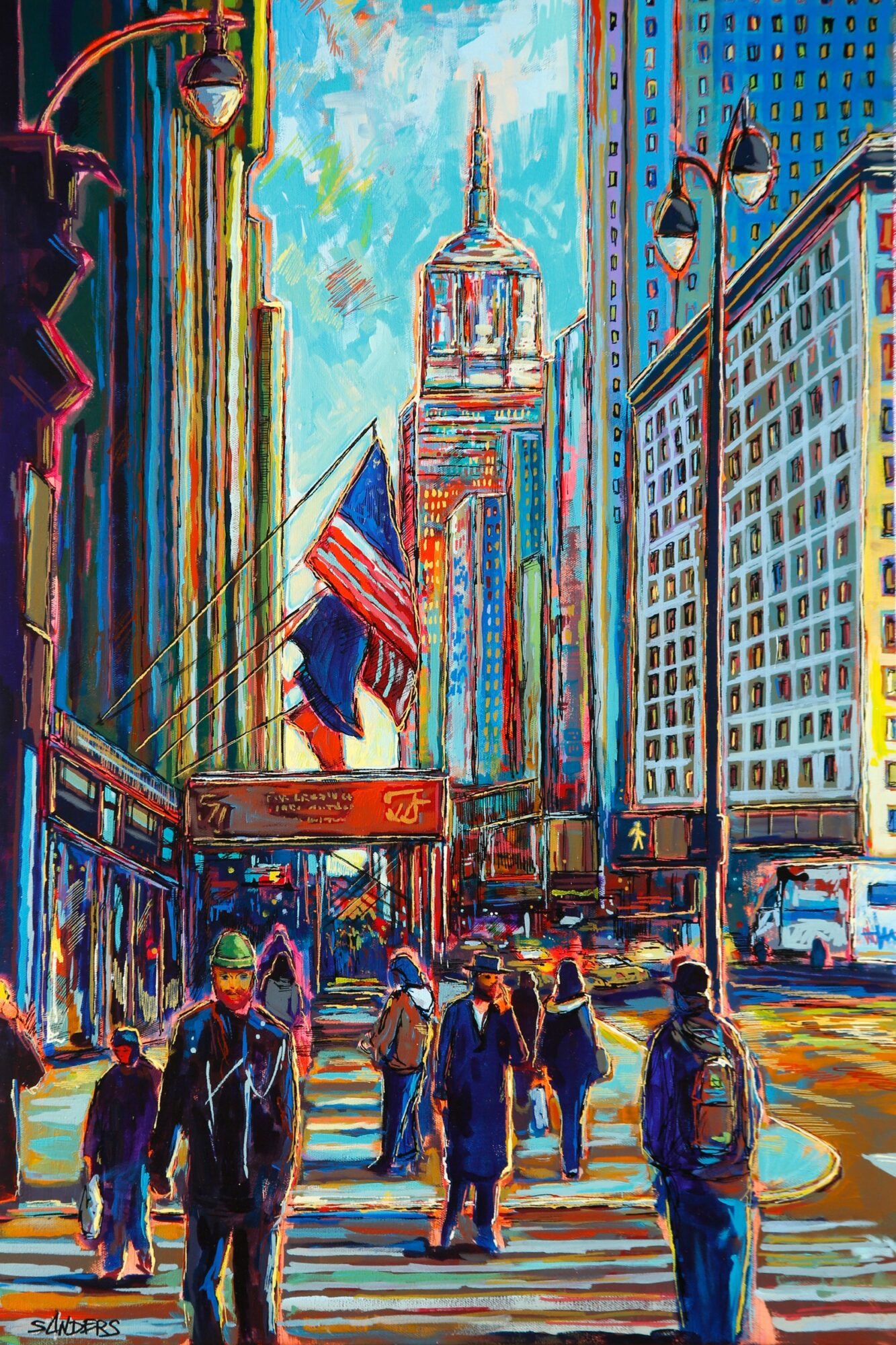 City street scene with tall buildings, American flags, and pedestrians crossing, colorful and vibrant, with a bright sky.