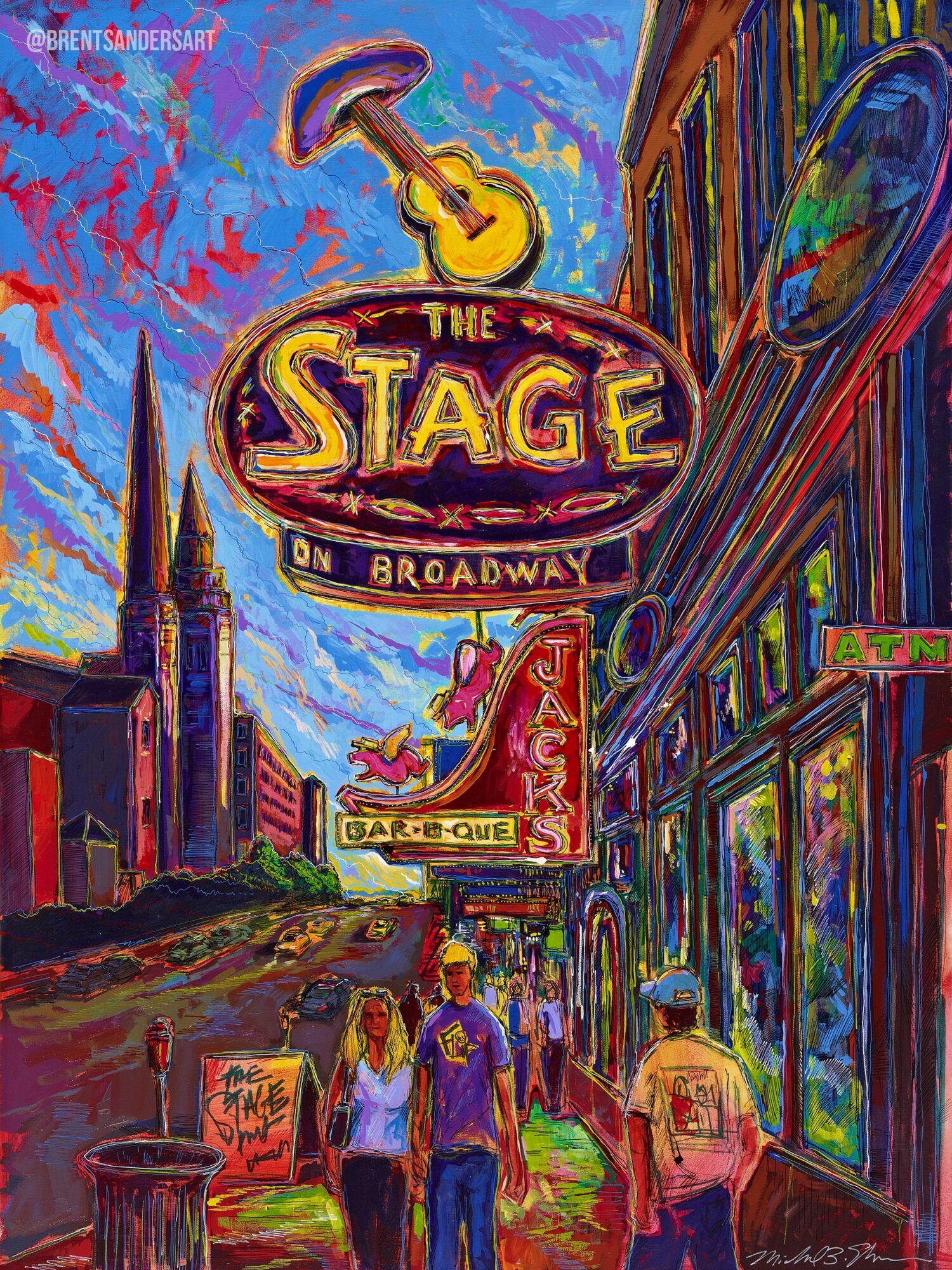 Colorful street scene with Broadway theater signs, a guitar, and people walking on the sidewalk.