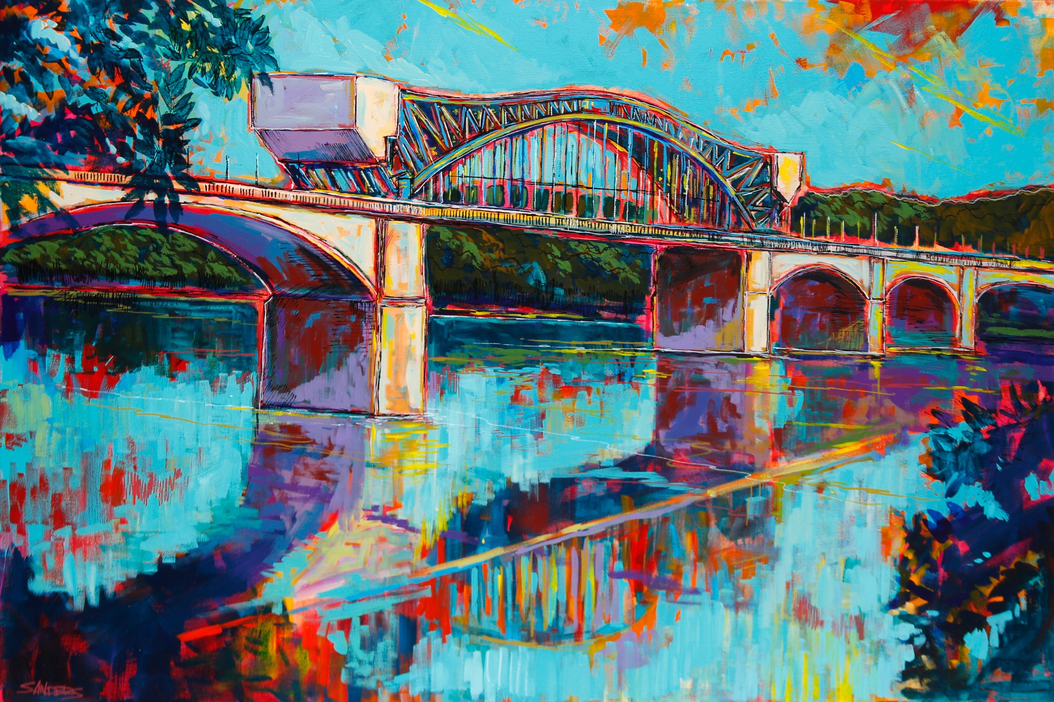 Colorful painting of a bridge over a river with reflections, trees, and a bright sky.