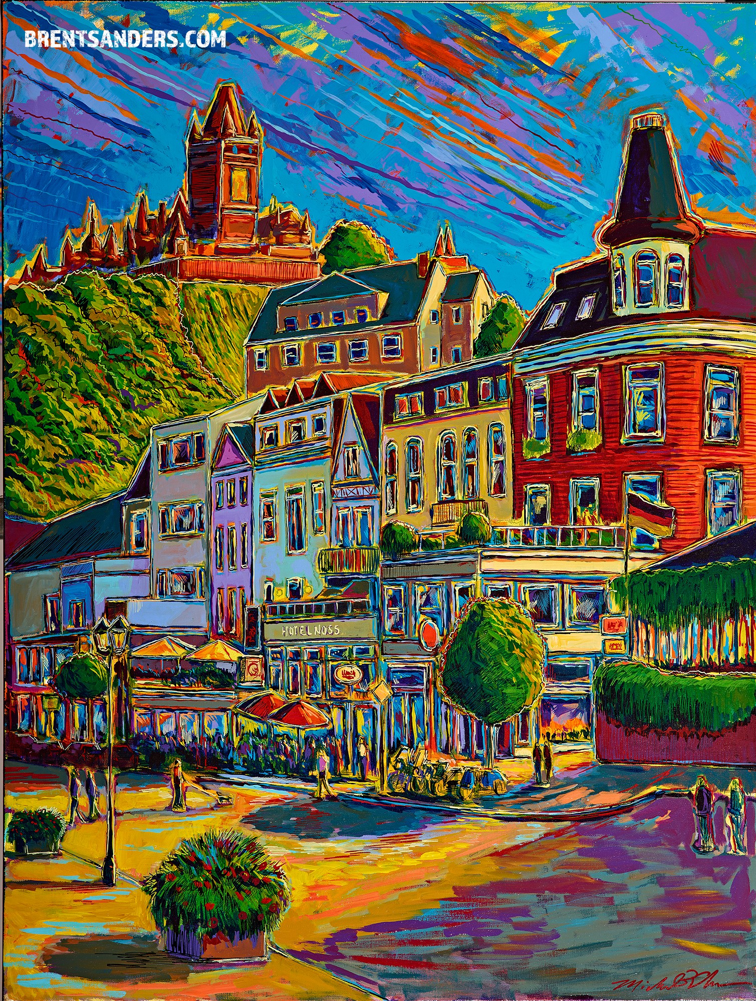 Colorful cityscape with buildings, trees, and a hilltop structure under a vibrant sky, in a painted style.