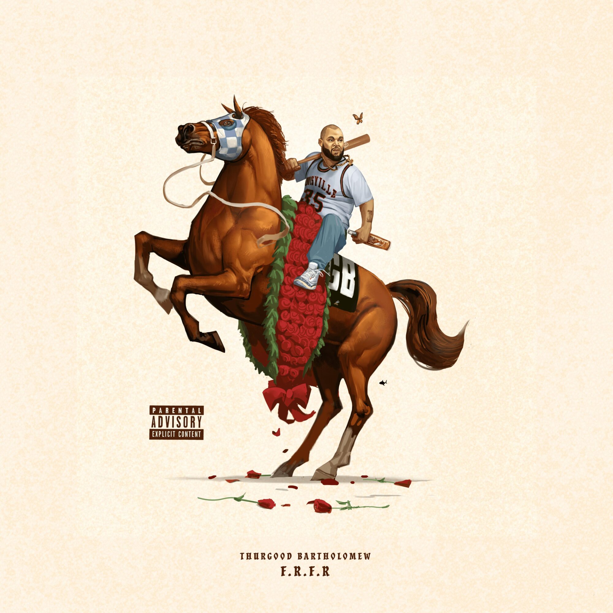 A person riding a horse with a unicorn horn, holding a phone, with a red chili pepper and blood below. 20 words.