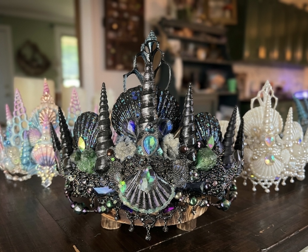 Decorative black and iridescent shell and bead centerpiece with seashells and spikes, surrounded by similar colorful decorations, on a table.