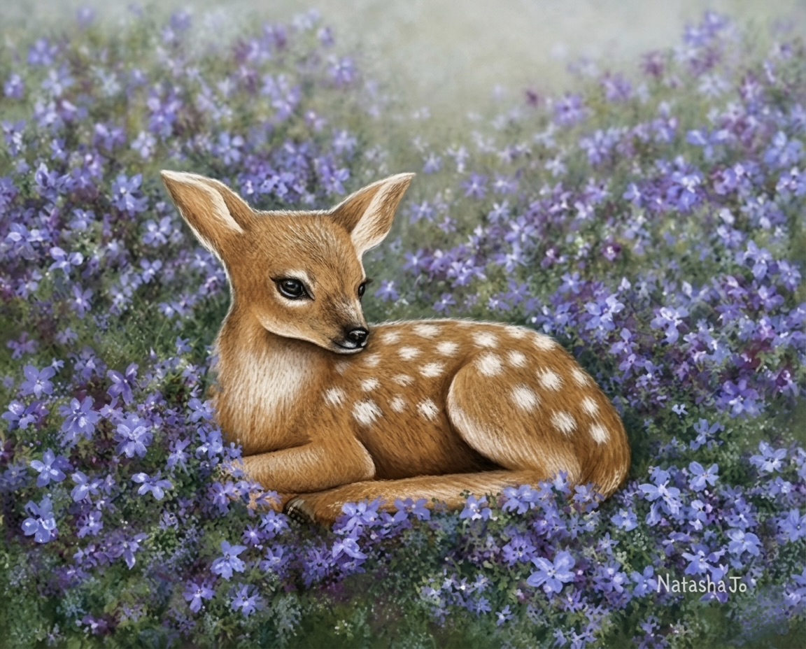 Young deer lying among purple flowers with a soft light background, facing slightly to the right.