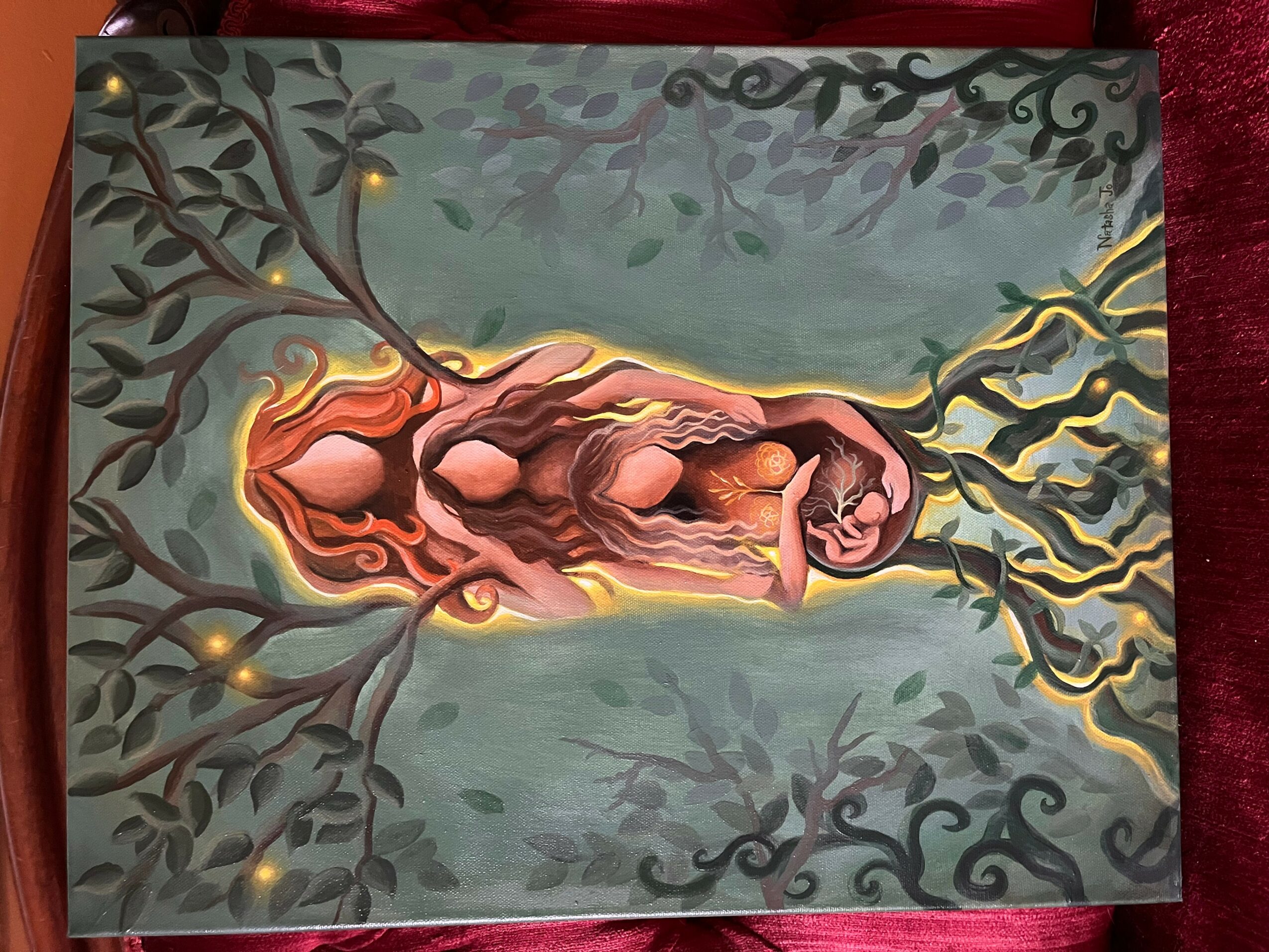 A surreal painting of a person sleeping inside a tree trunk, with glowing lights and branches extending outward.