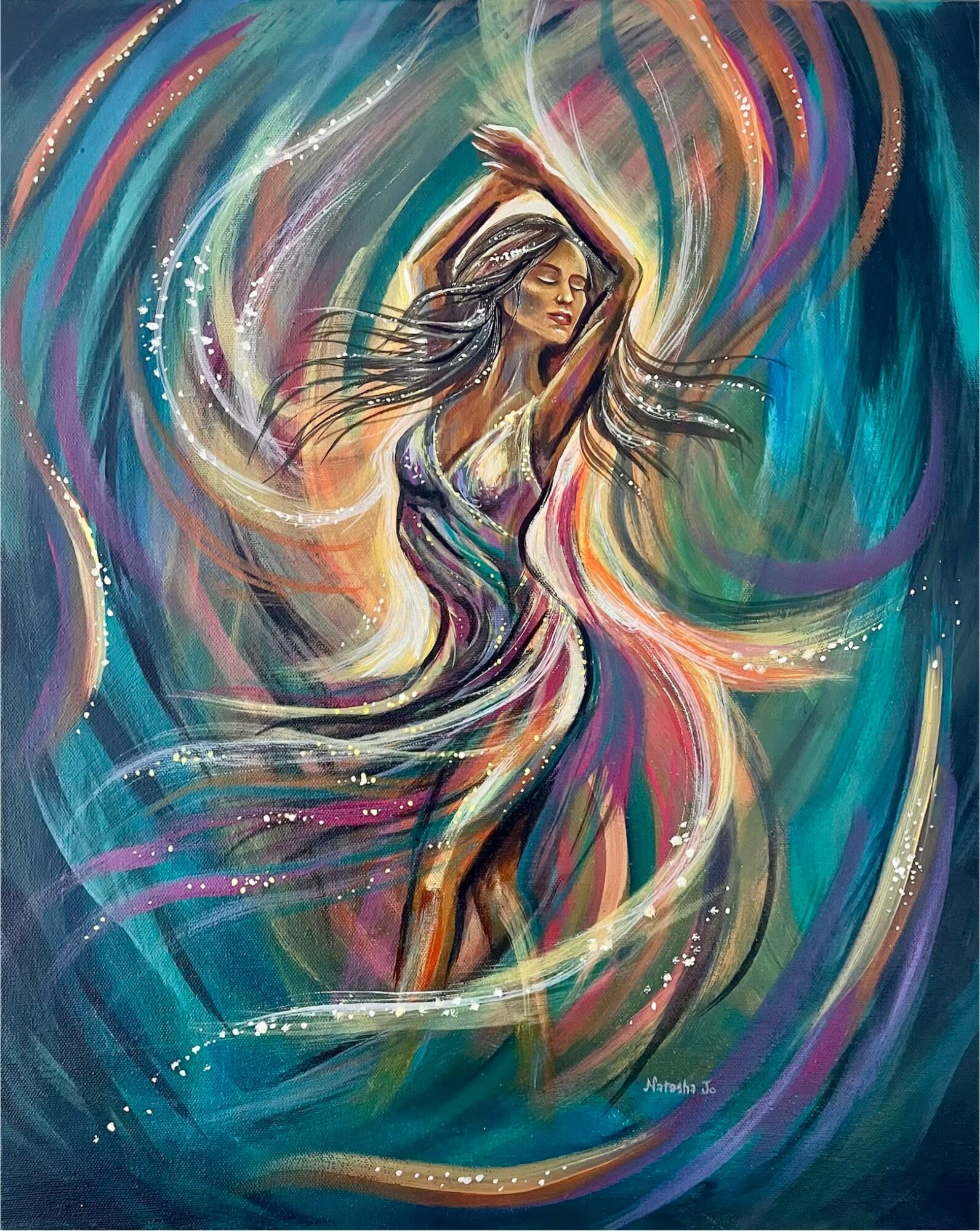 A woman with flowing hair dances amidst colorful swirling patterns and sparkles, with her arms raised above her head.
