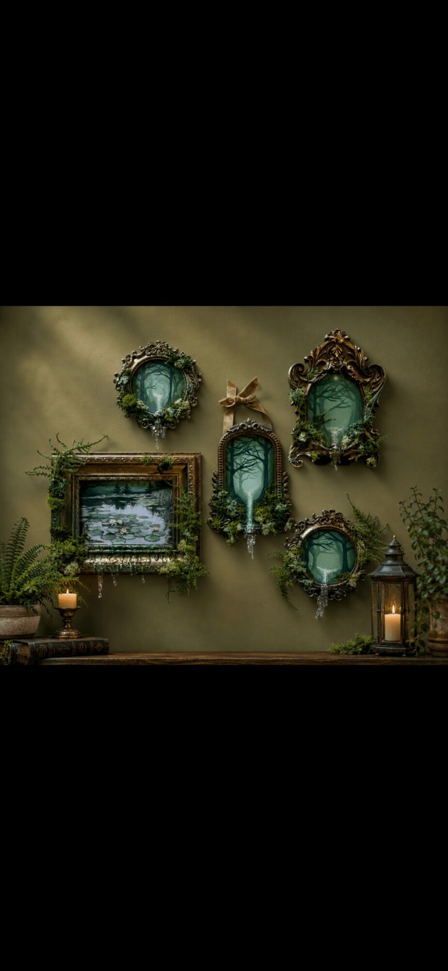 Wall decorated with six ornate mirrors and framed artwork, surrounded by plants and lanterns, in a cozy setting.