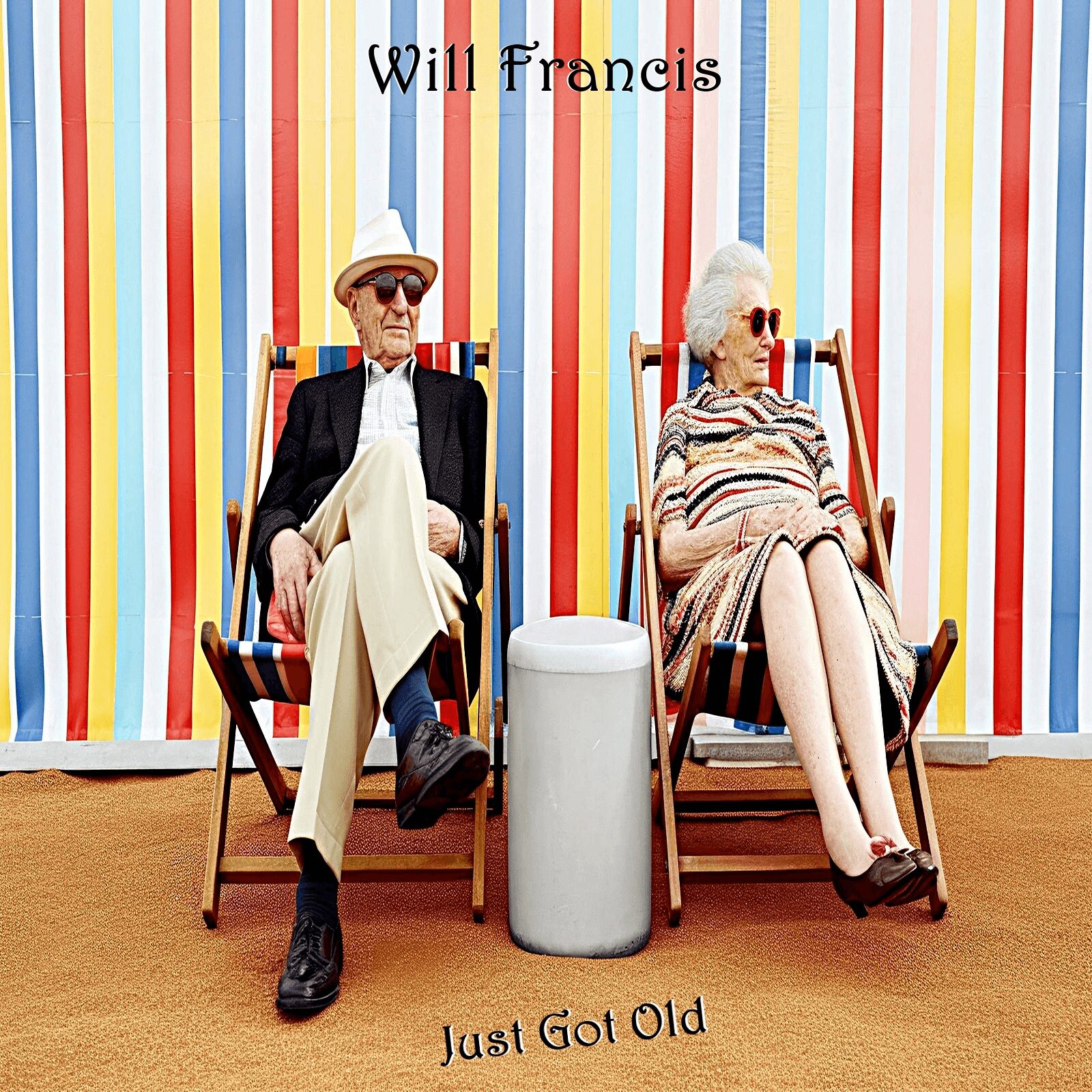 An elderly man and woman sit on deck chairs with a colorful striped background, a white table between them, and text above and below.
