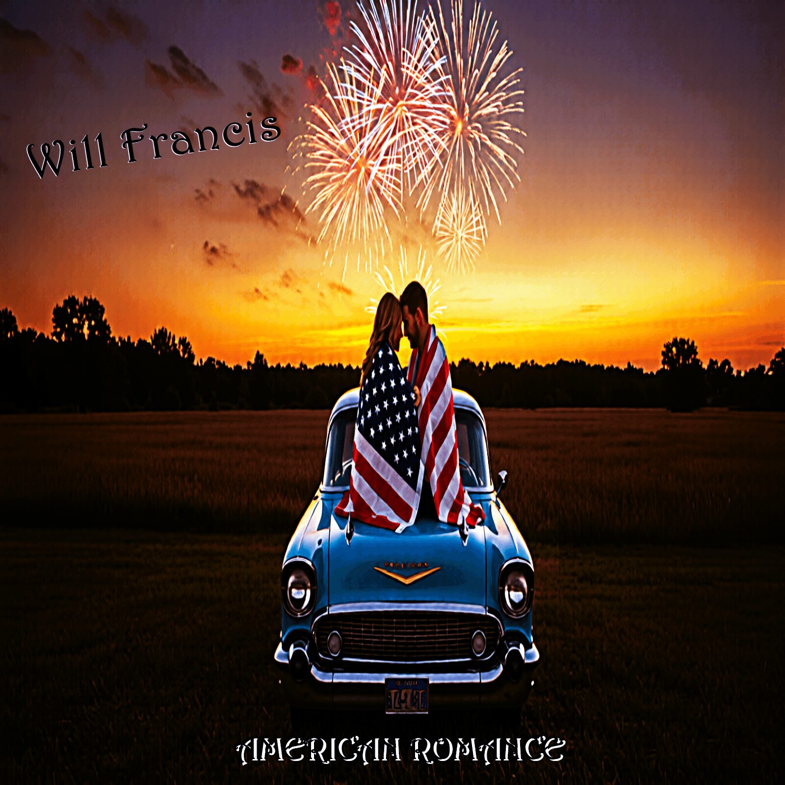 Two people with American flags sit in a vintage blue car against a sunset with fireworks, trees in the background.