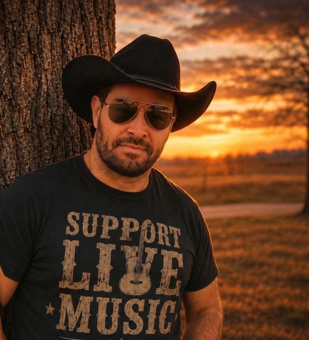Man wearing sunglasses and a cowboy hat leaning against a tree at sunset, with a field in the background.