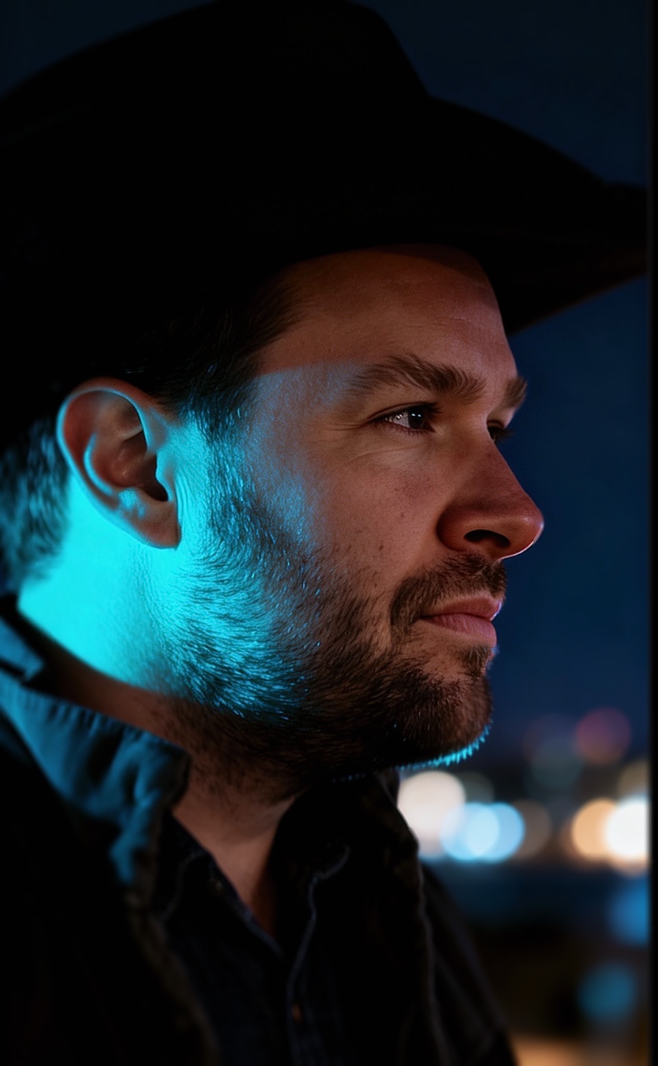 Side profile of a man with a beard and hat, illuminated by blue light, against a dark background.