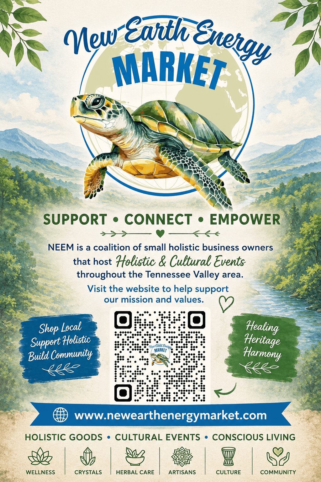 Market sign with turtle and landscape background, supporting, connecting, empowering themes, website URL, QR code, and decorative elements.