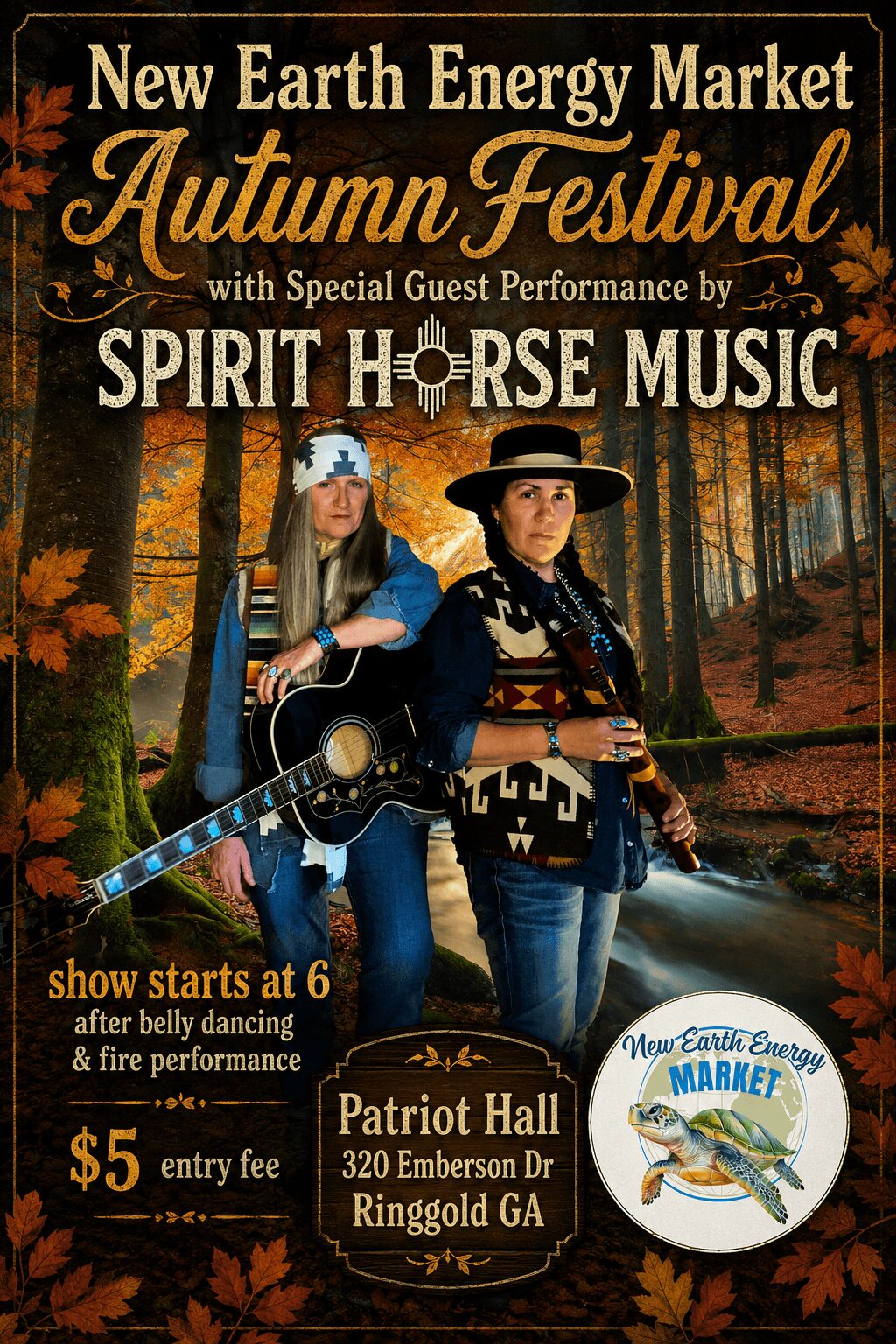 Poster for Autumn Festival at Patriot Hall featuring Spirit Horse Music, with two women in cowboy attire holding guitars in a forest background.