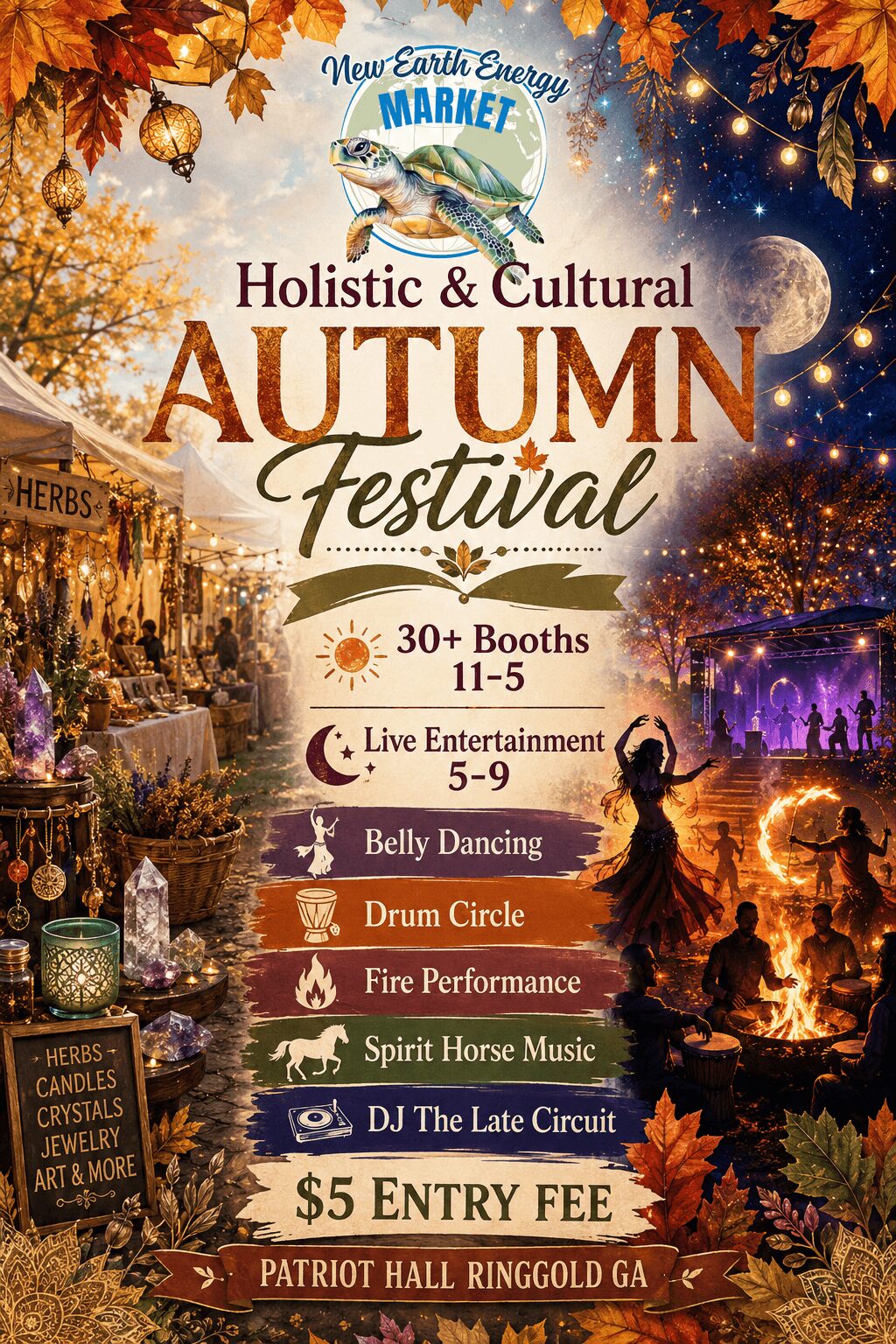 Autumn festival poster with trees, booths, fire pit, and a person dancing, promoting booths, entertainment, and activities.