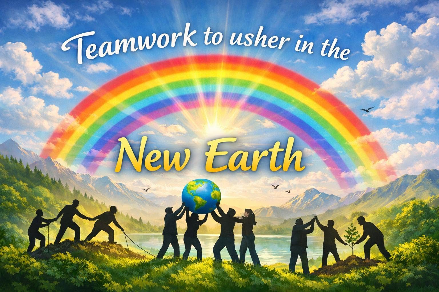 Group of people holding a globe under a rainbow with mountains and a lake in the background, sunny sky, and clouds.