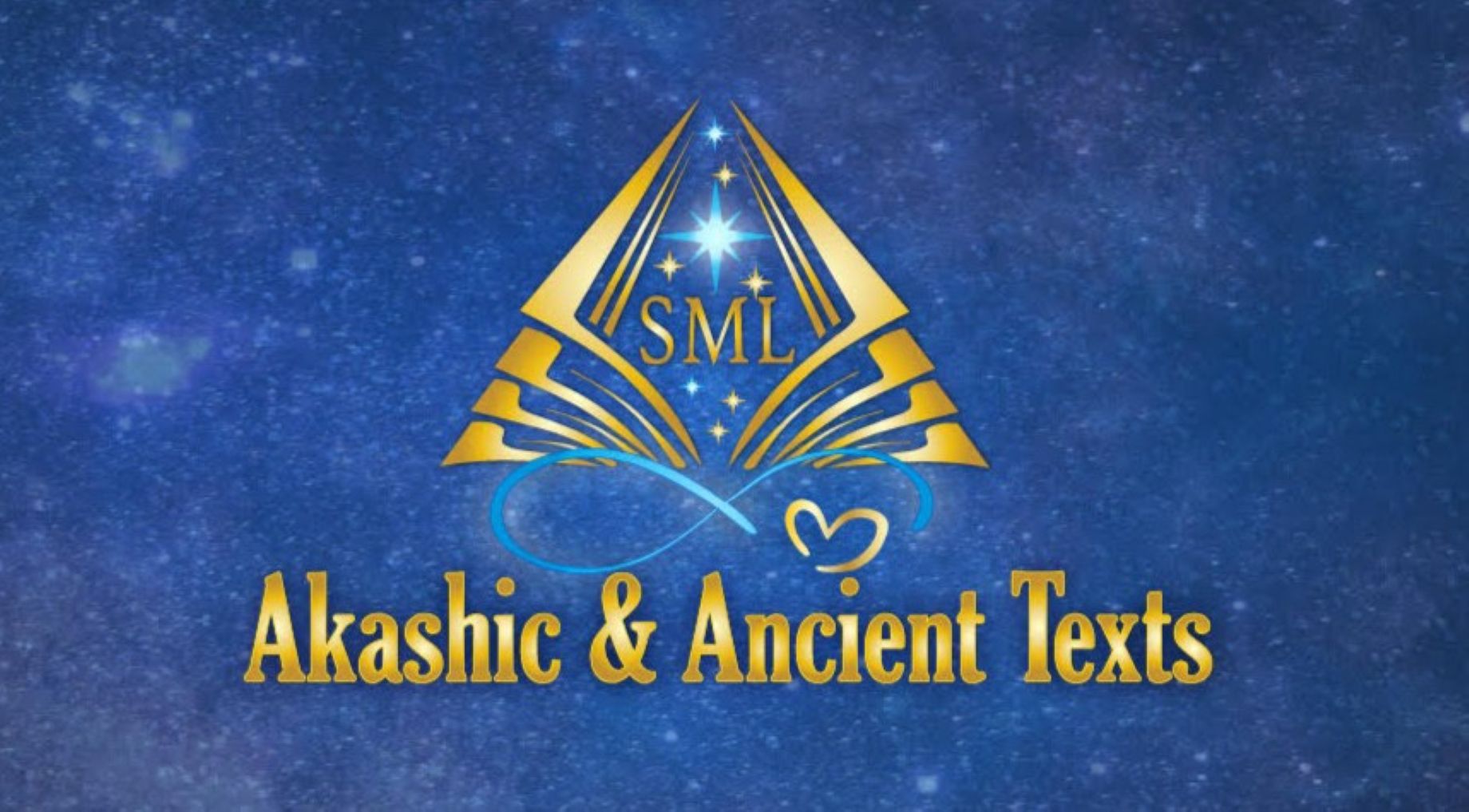 Logo with a golden open book, stars, and the text 'SML' and 'Akashic & Ancient Texts' on a starry blue background.