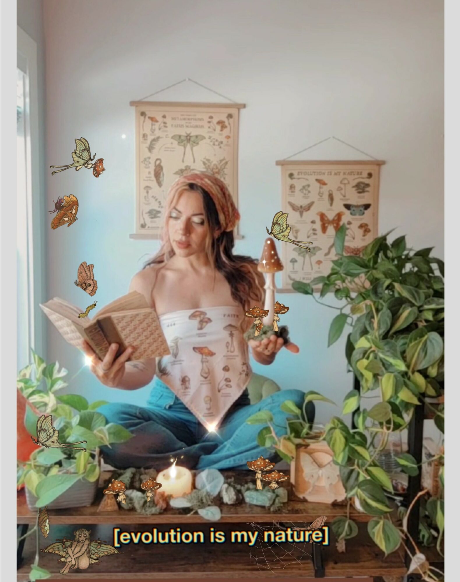 Person sitting cross-legged reading a book surrounded by plants and butterfly decorations, with a table of crystals and candles, and nature-themed posters on the wall.