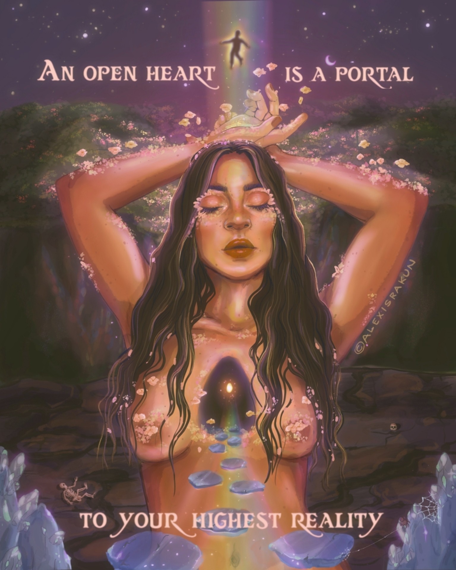 A woman with long dark hair and closed eyes holds her head, with a mystical background and a quote about open heart and reality.