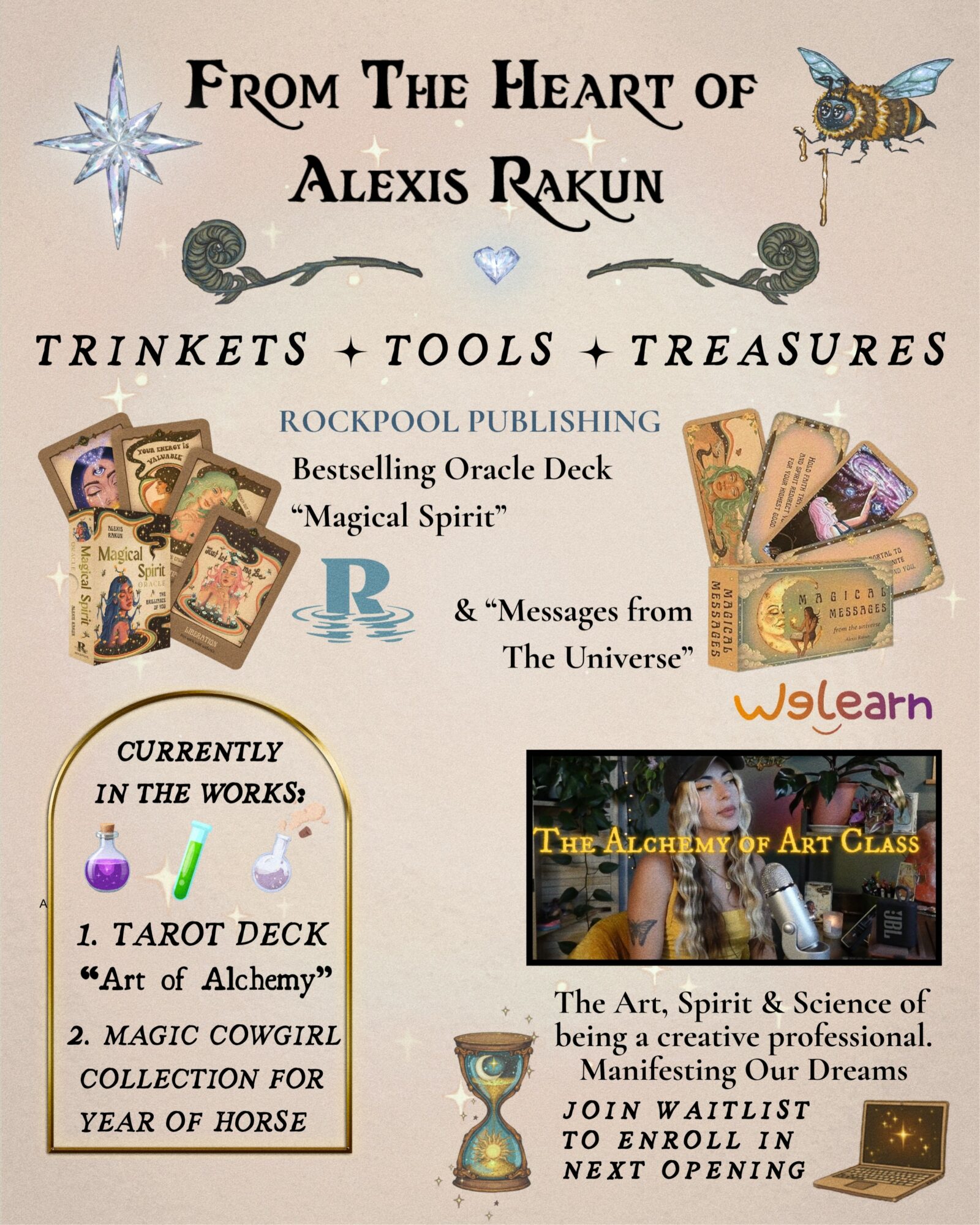 Book cover with title, illustrations of cards, a butterfly, and a wizard staff, promoting tarot, tools, treasures, and magical themes.