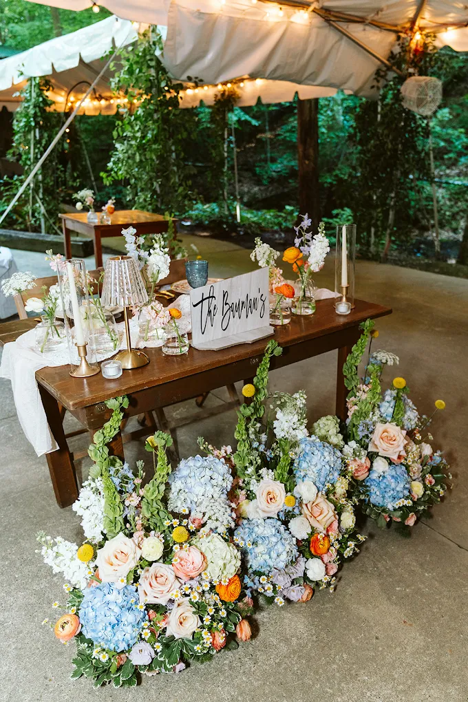 Decorated table with flowers, candles, and a sign reading 'The Groom' under a canopy, surrounded by floral arrangements.