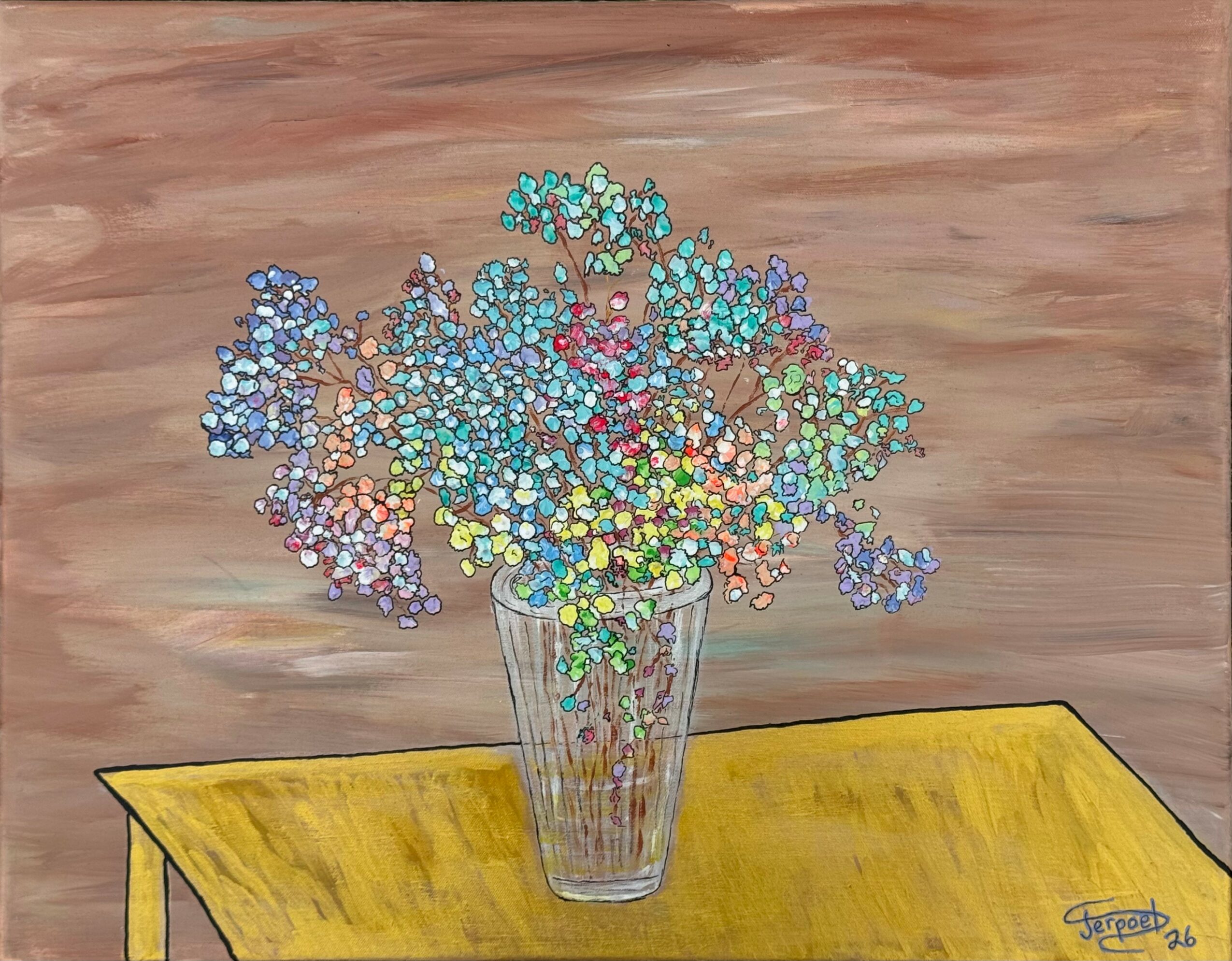 Colorful abstract flowers in a glass vase on a yellow table, with a wooden background.