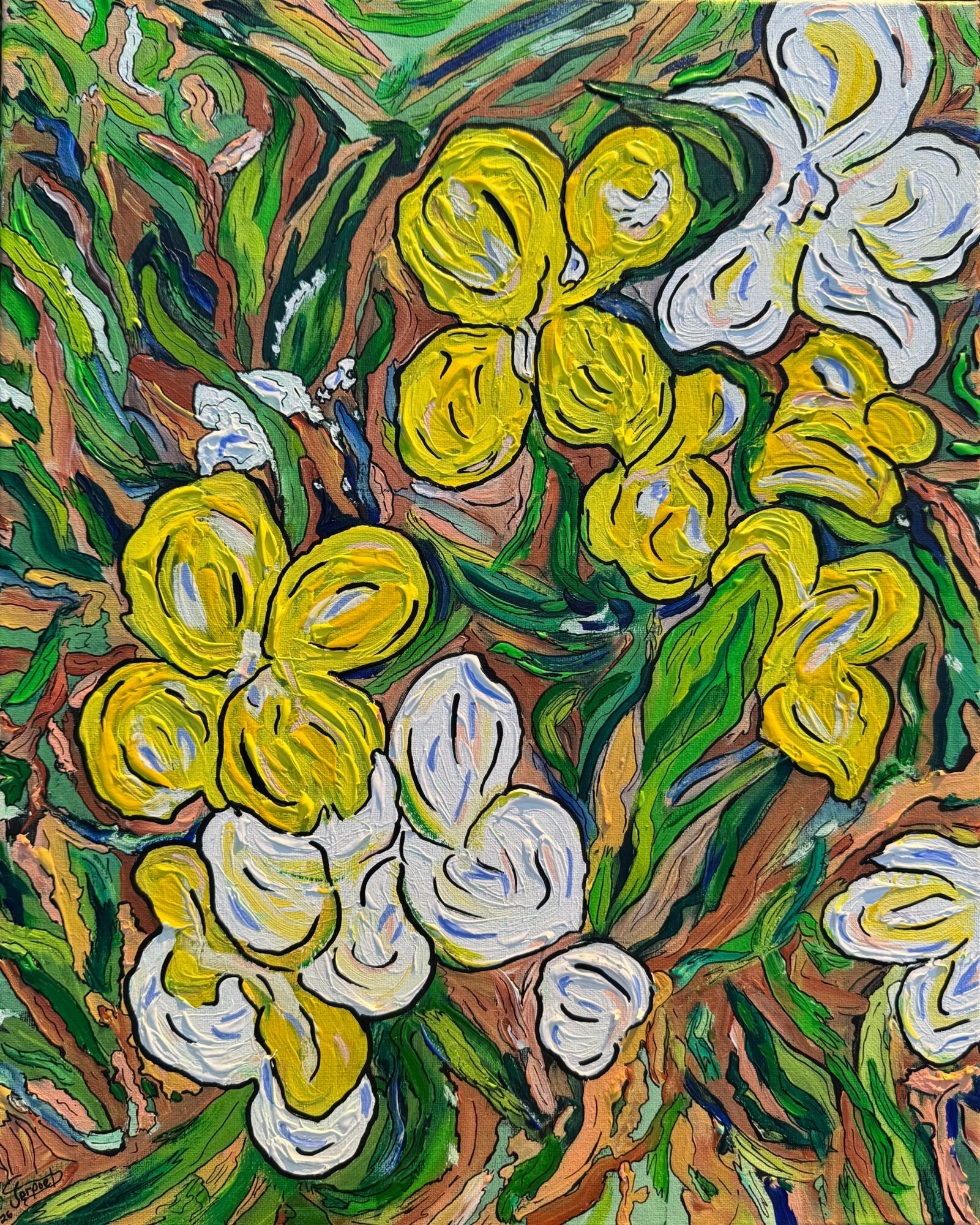 Close-up of yellow and white iris flowers with green leaves and stems, painted in an impressionistic style.