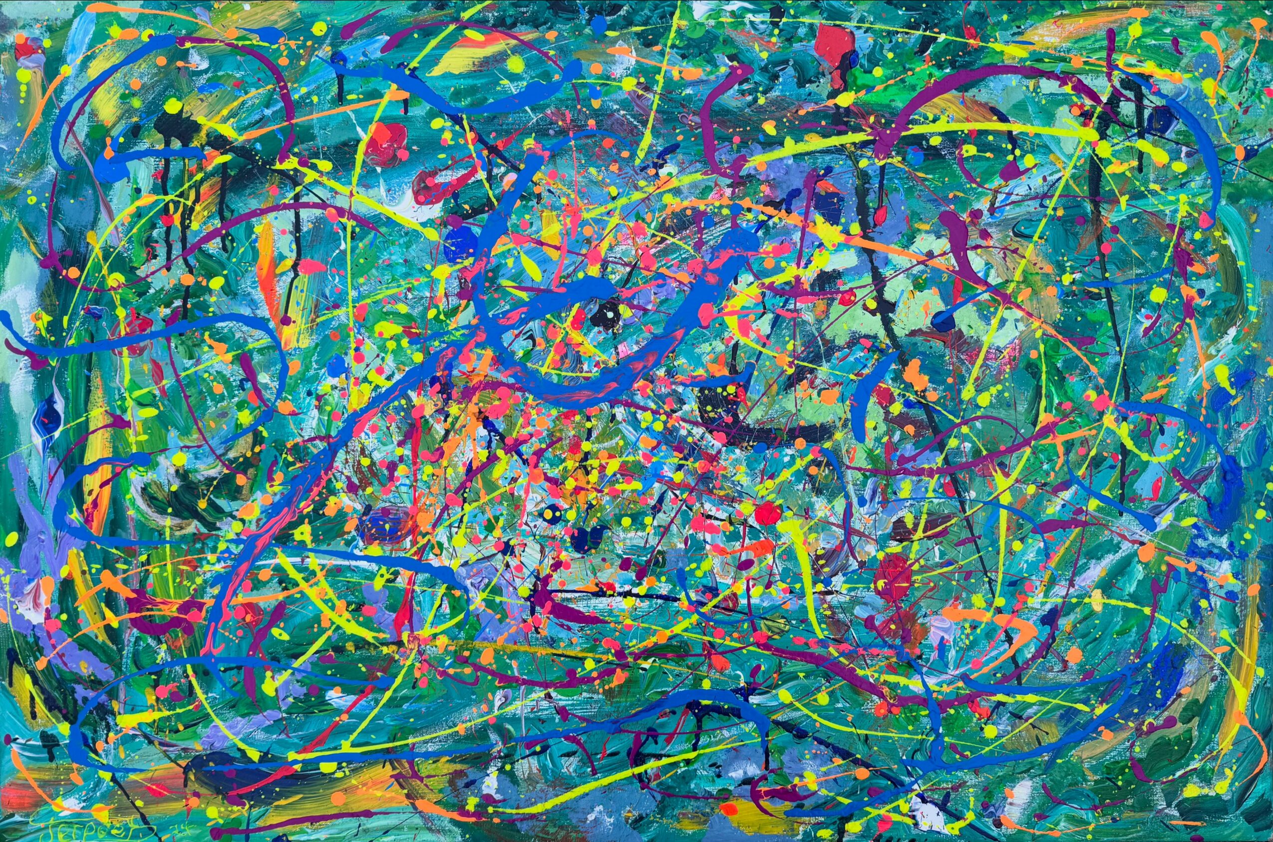 Abstract painting with colorful splatters and streaks in blue, green, yellow, pink, and purple.