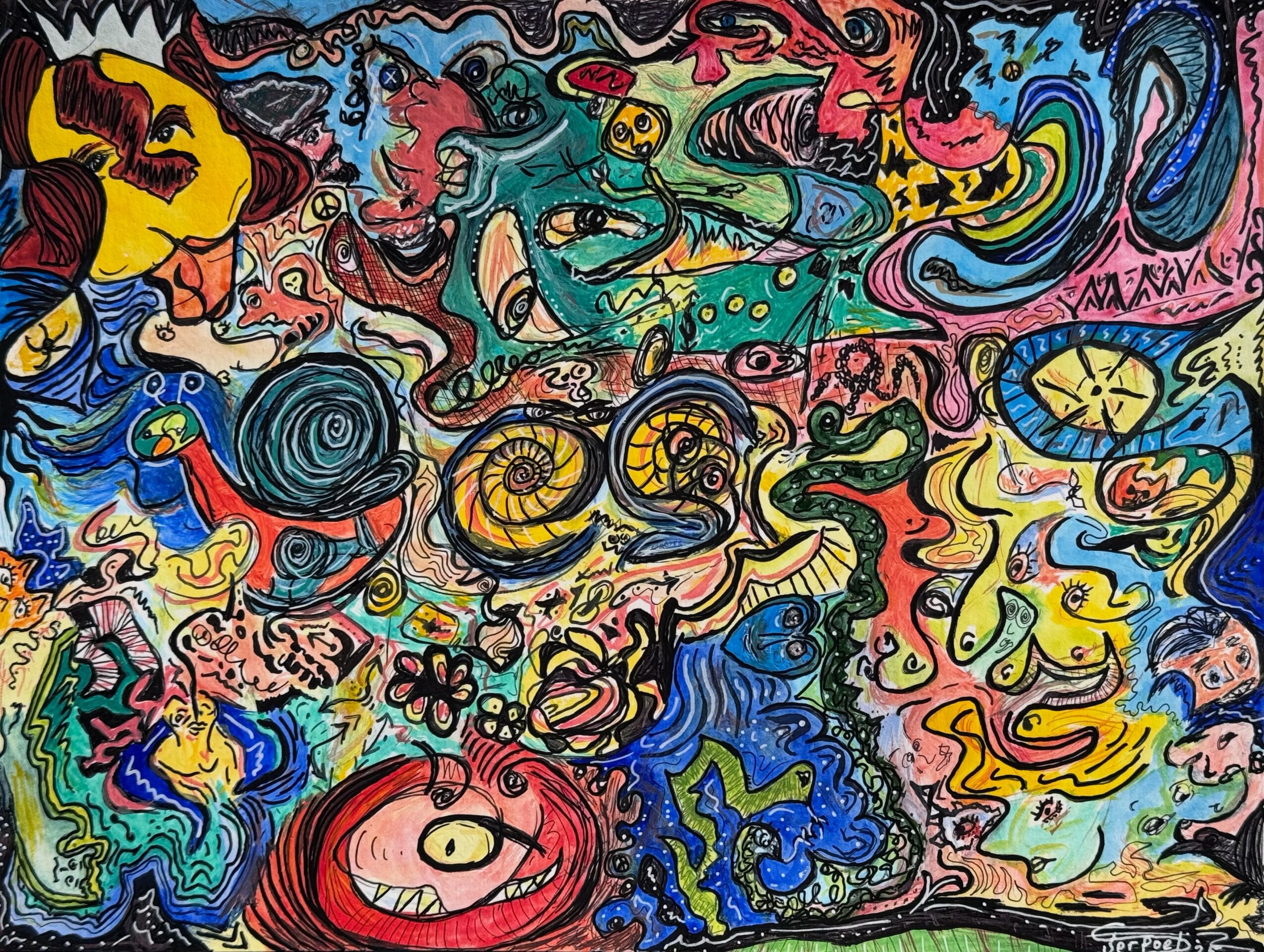 Colorful abstract drawing with various swirling shapes, faces, and patterns, filled with vibrant colors and intricate details.