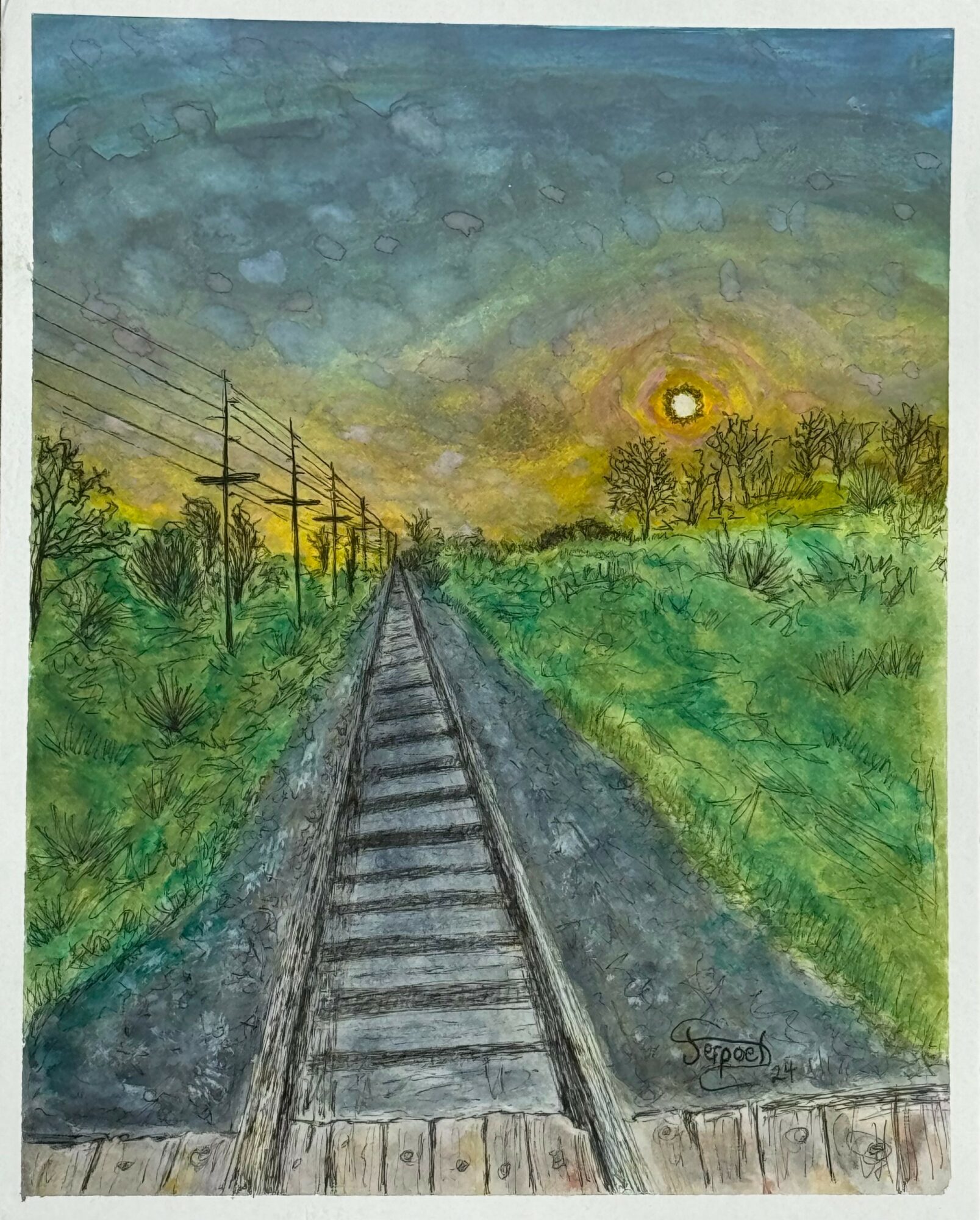 Watercolor painting of a railway track extending into the distance with green fields, trees, power lines, and a setting sun in a colorful sky.