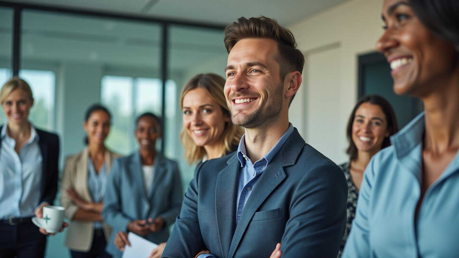 Group of six diverse professionals smiling and talking in a modern office setting.