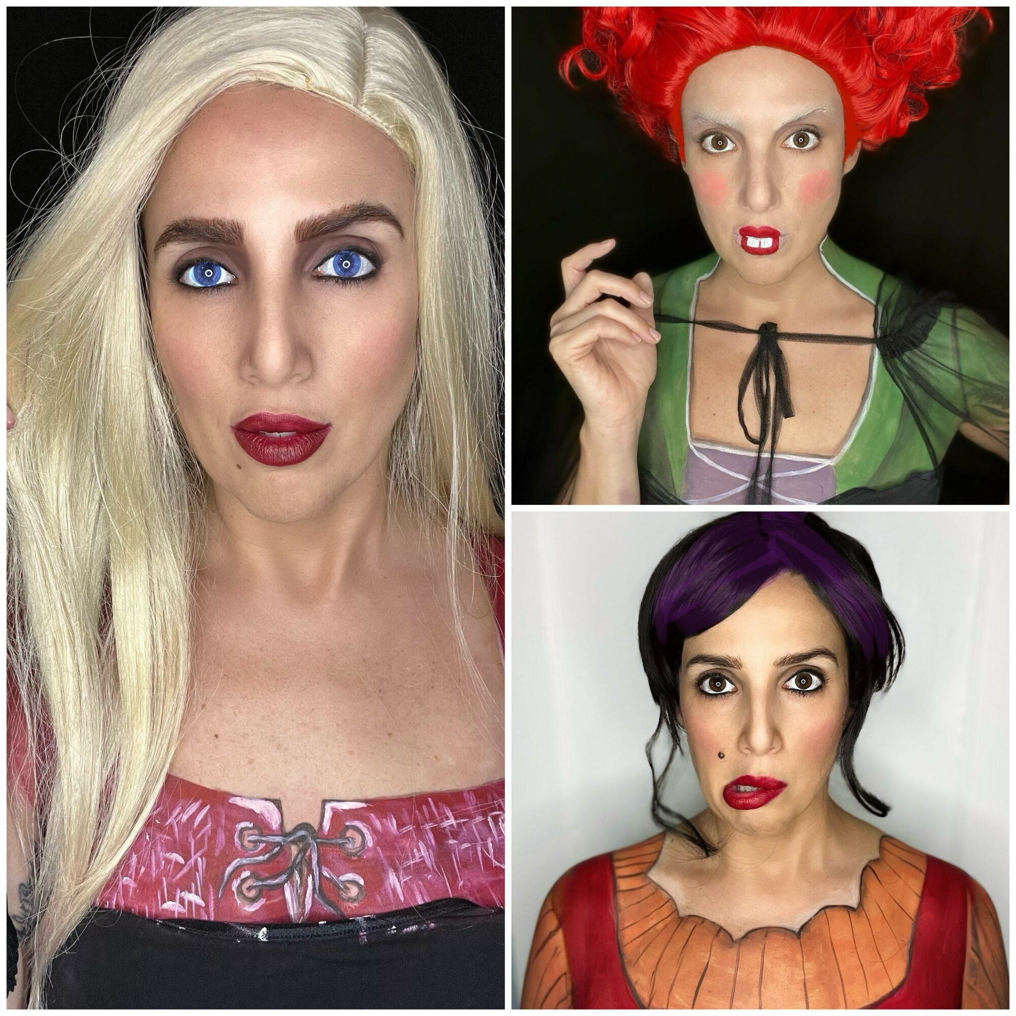 Three women with colorful hair and makeup, each with different expressions, against plain backgrounds.
