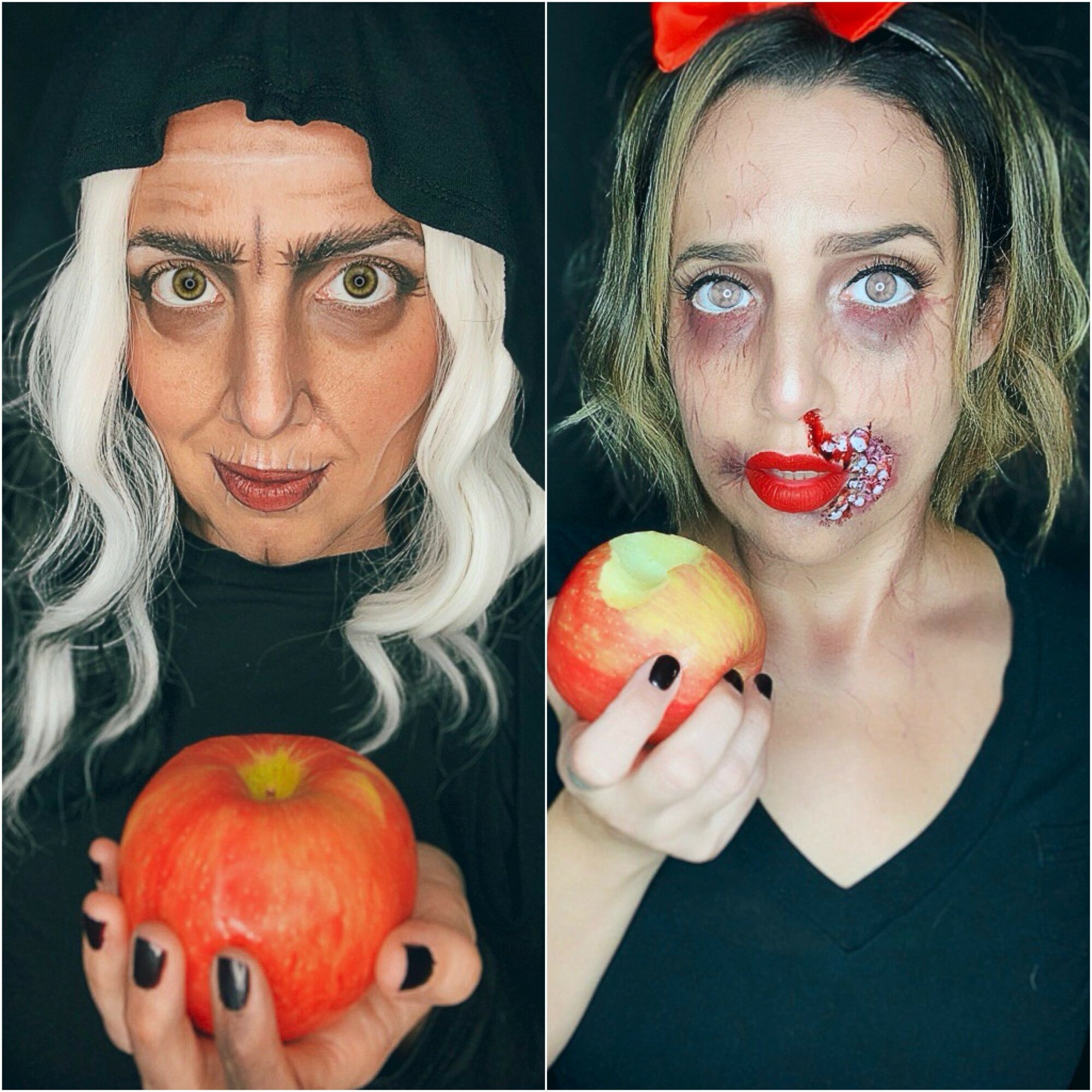 Two women with makeup and costumes hold apples, one with a witch hat, the other with a red bow, both looking at the camera.