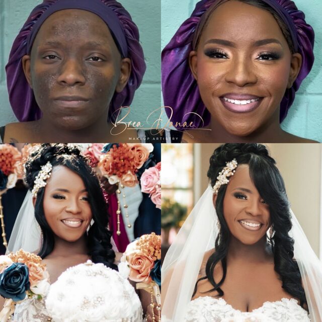 Before and after makeup transformation, woman with headscarf, smiling woman in wedding dress, floral decorations, bridal portrait, smiling bride