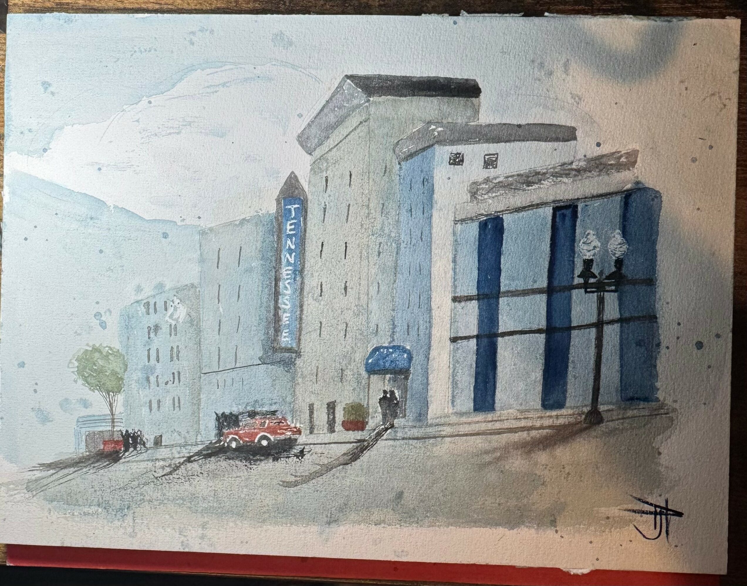 Painting of a city street with buildings, a tree, and cars, featuring a blue sign reading 'TENNIS'.