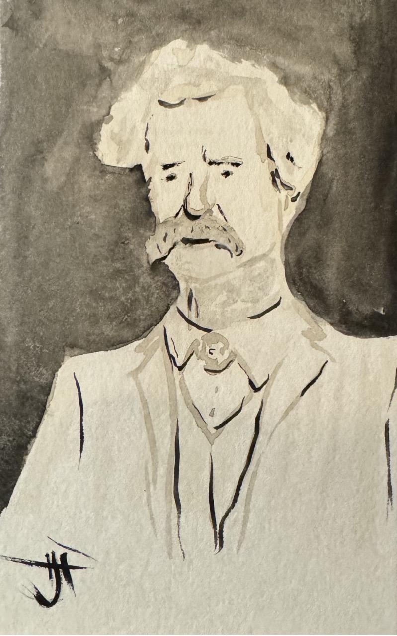 Sketch of a man with wavy hair, mustache, and beard, wearing a suit and tie, with a somber expression.