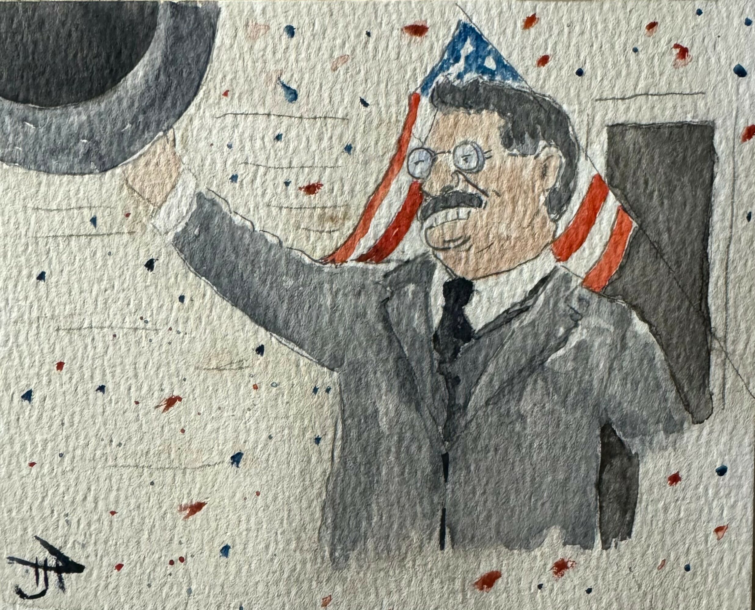 Person in suit and tie celebrating with party hat, confetti, and a flag, raising an arm in a festive setting.