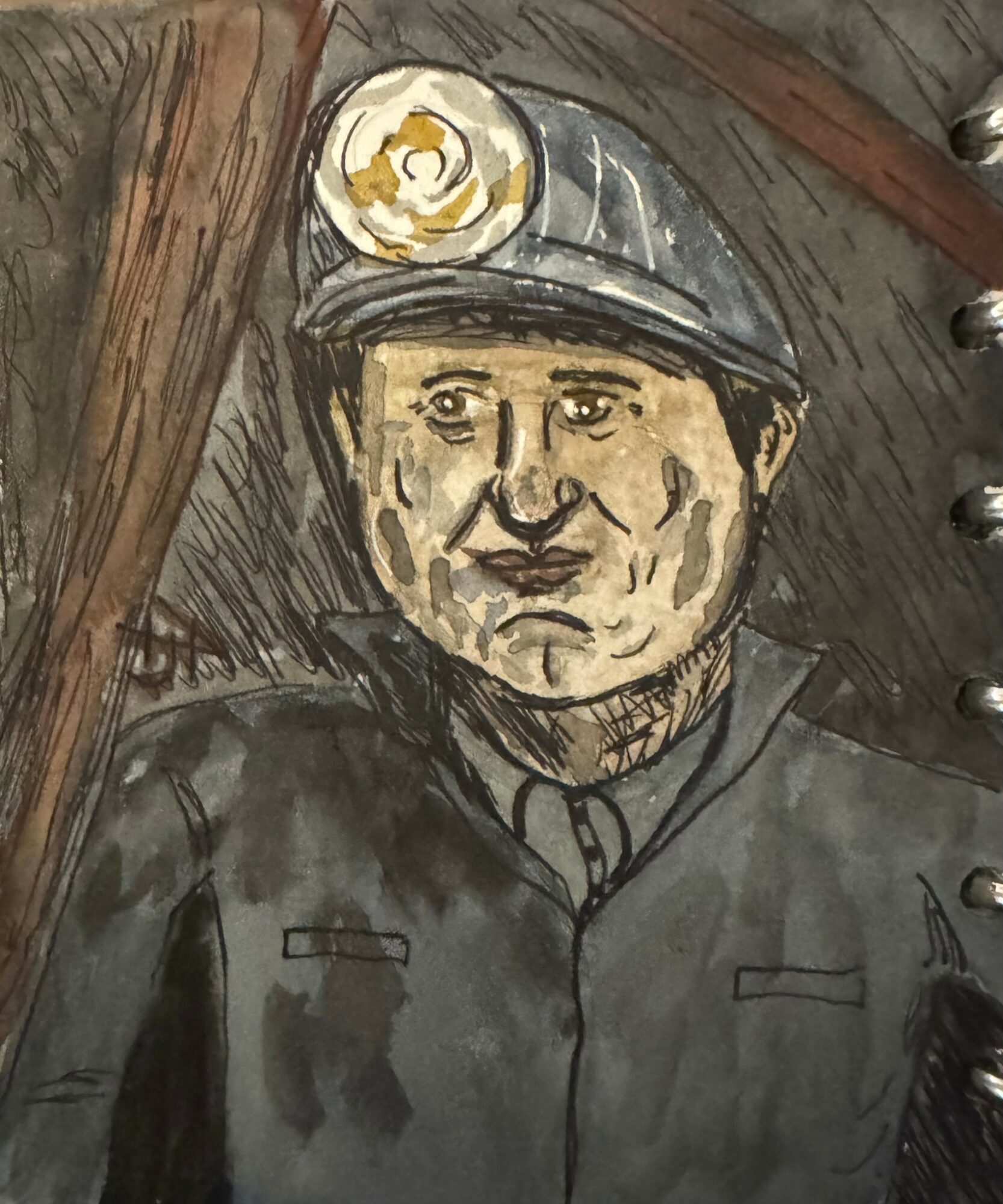 Drawing of a person wearing a helmet with a light, in a dark setting, with visible facial features and clothing.