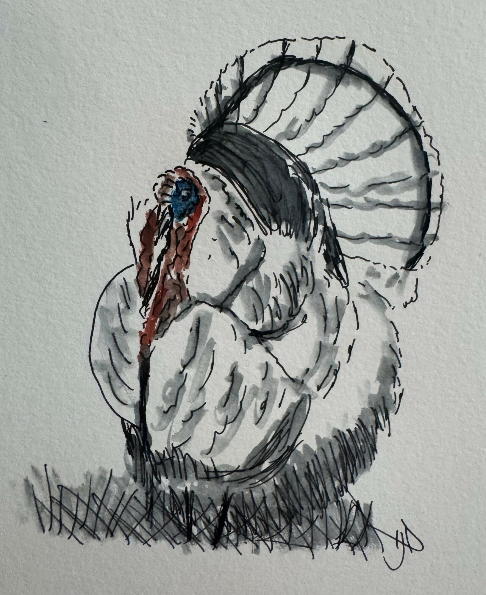 Sketch of a person with a halo, head bowed, hands covering face, using black, gray, and red ink, on white background.