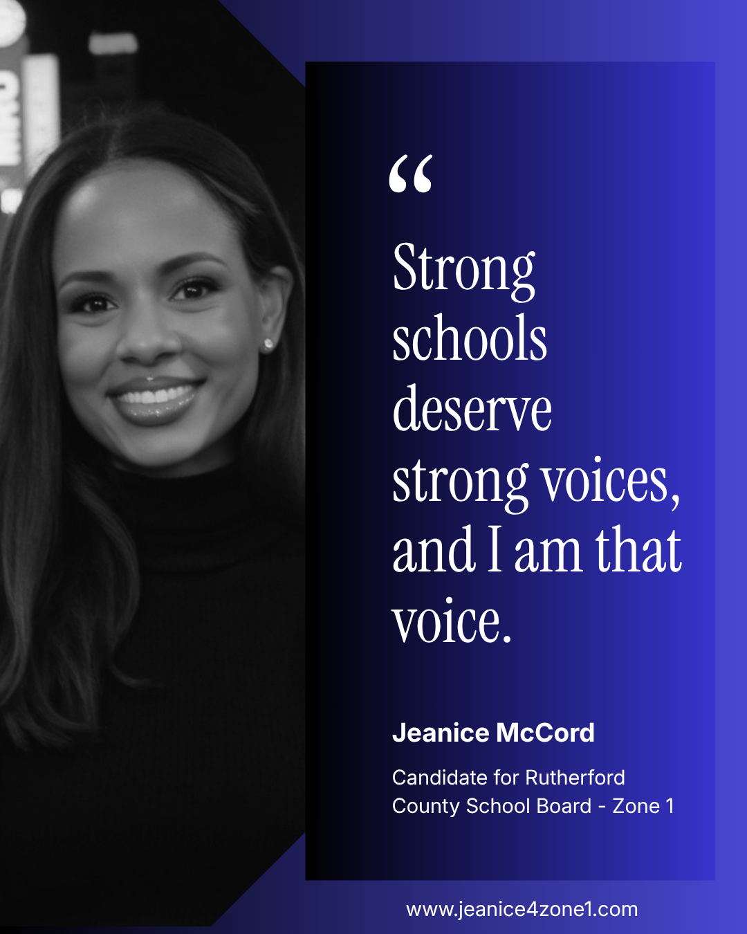 A quote about strong voices on a blue background, attributed to Jeanice McCord, candidate for school board, with website link.