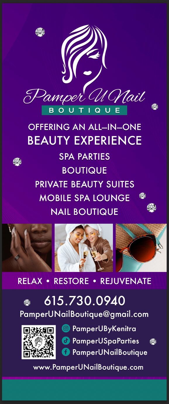 Purple and white sign for Pamper U Nail Boutique offering spa, beauty, and nail services, with contact info and social media icons.