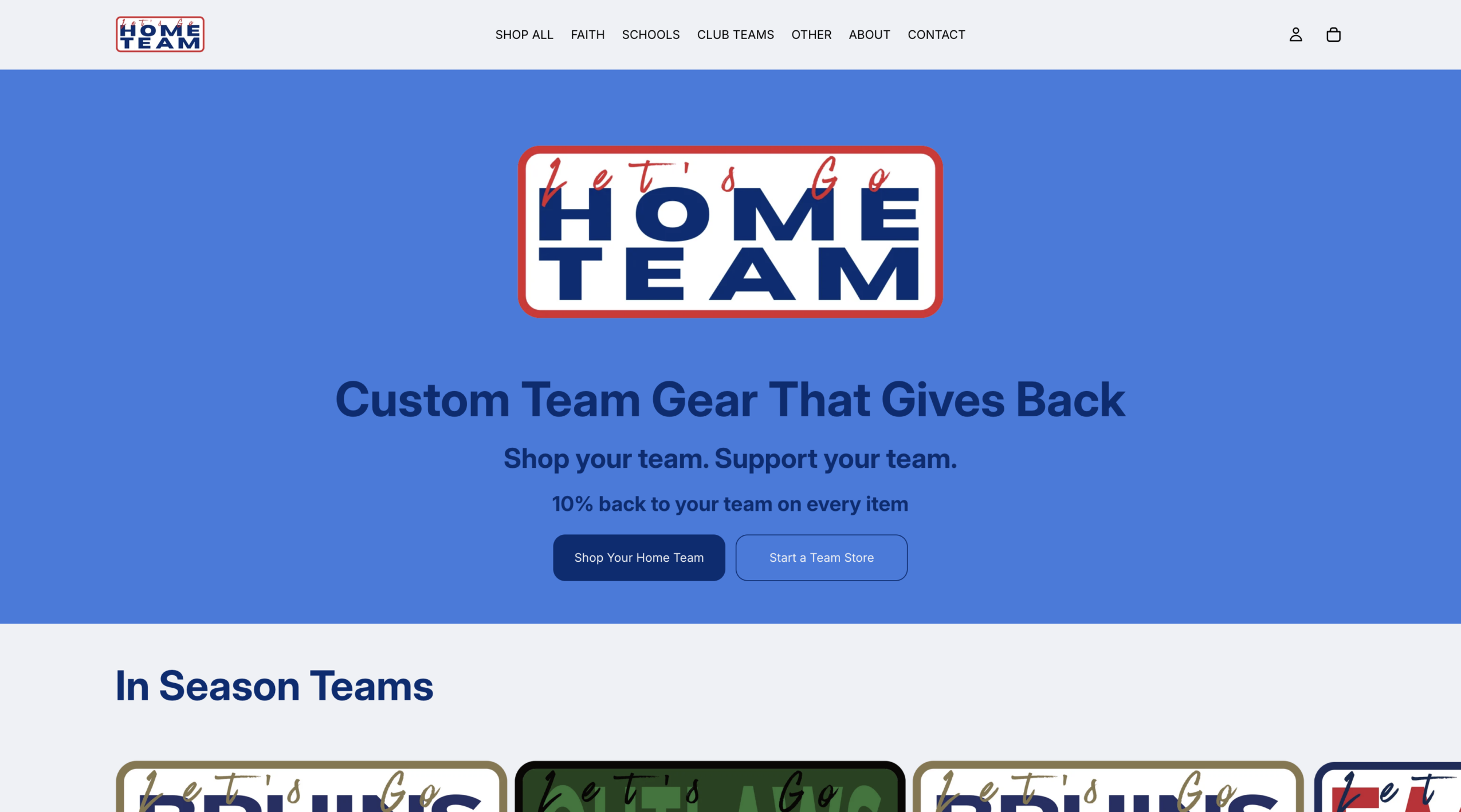 Homepage banner with logo and text promoting custom team gear and supporting teams, with a blue background.
