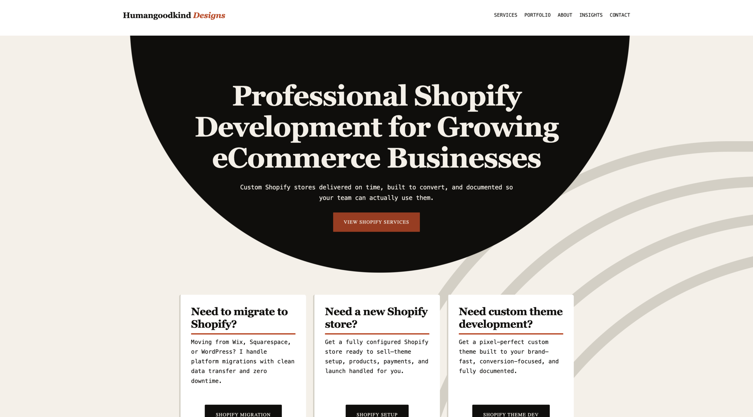 Webpage header with black circle and white text about Shopify development, three sections below with titles about Shopify migration, store setup, and theme development.