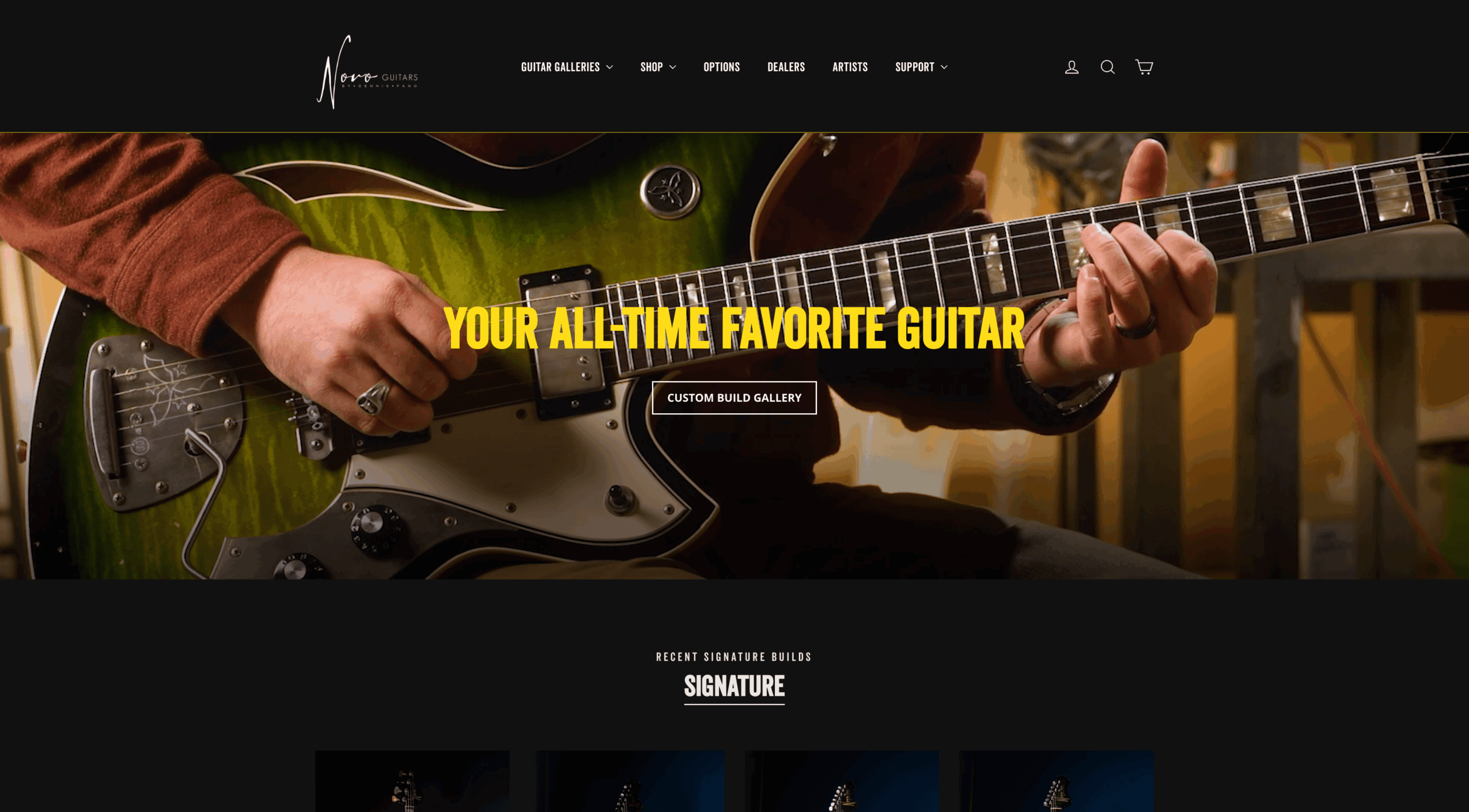 Close-up of a person playing an electric guitar with yellow text overlay reading 'Your all-time favorite guitar'.
