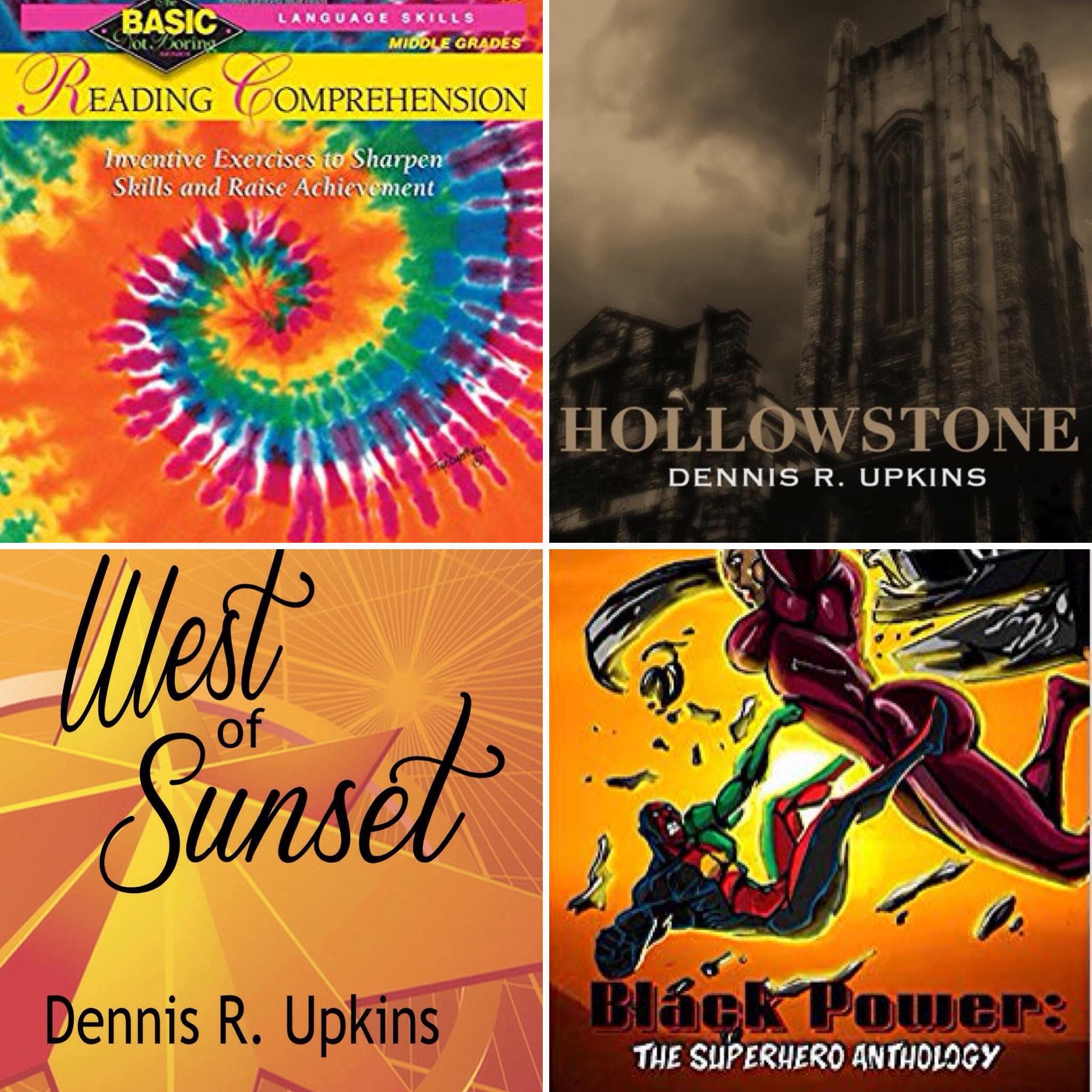 Four book covers: colorful tie-dye reading comprehension, dark cityscape, sunset with orange sky, comic book superhero in action.