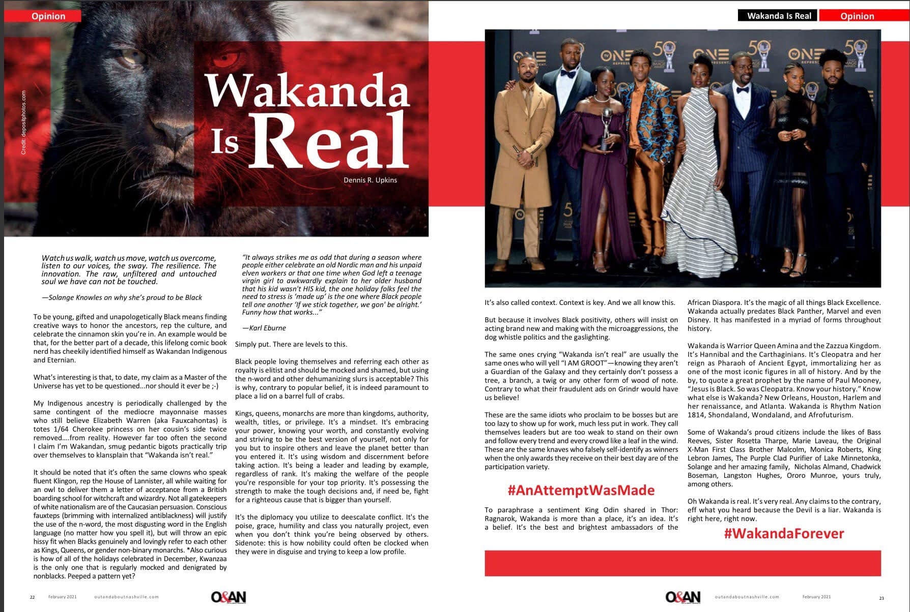 Two-page magazine spread with a headline 'Wakanda Is Real' and a group of people in formal attire on a red carpet, with text below.