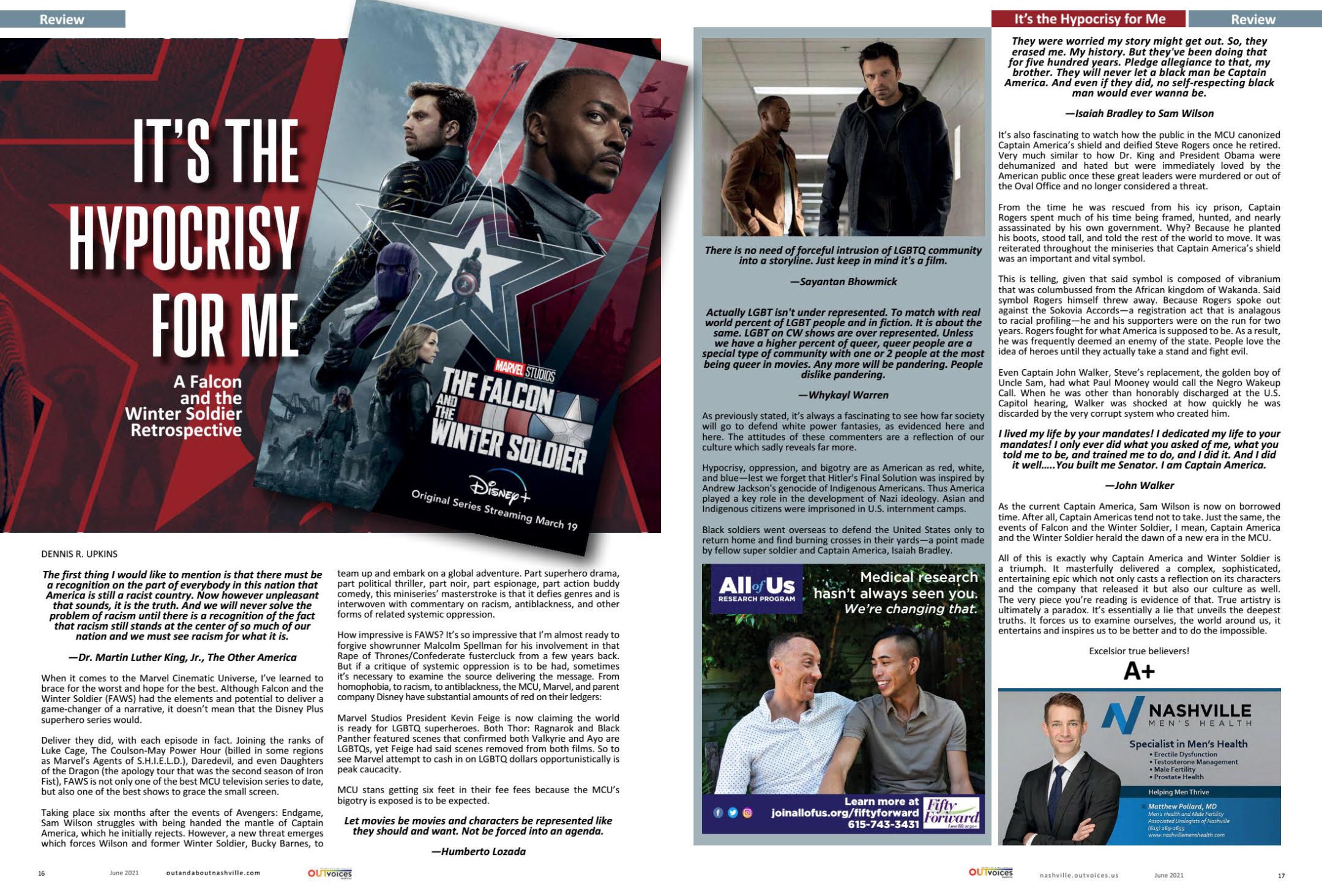 Two-page magazine article with images of actors in costumes, headlines, and blocks of text, including a promotional poster for a movie.