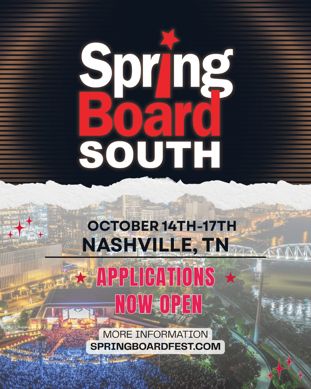 Spring Board South event poster with event dates, location, and application announcement, featuring a cityscape background.