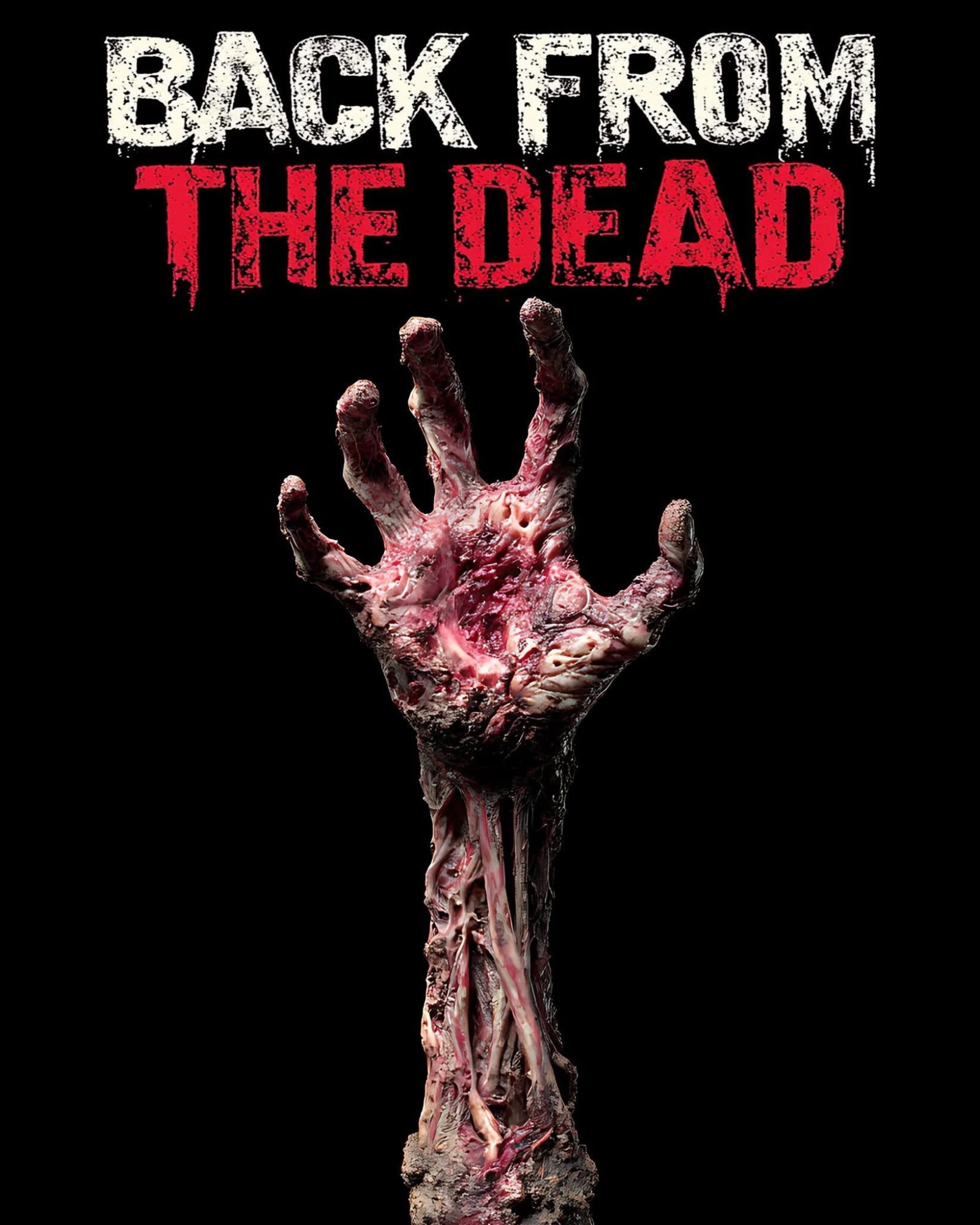 A decayed zombie hand reaching upward with text 'Back from the Dead' above it, on a black background.