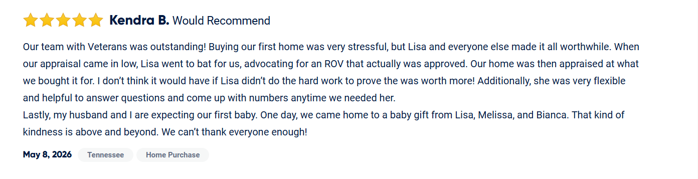 Text-based review recommending Kendra B. for her dedication and kindness, praising her support for veterans and team spirit.